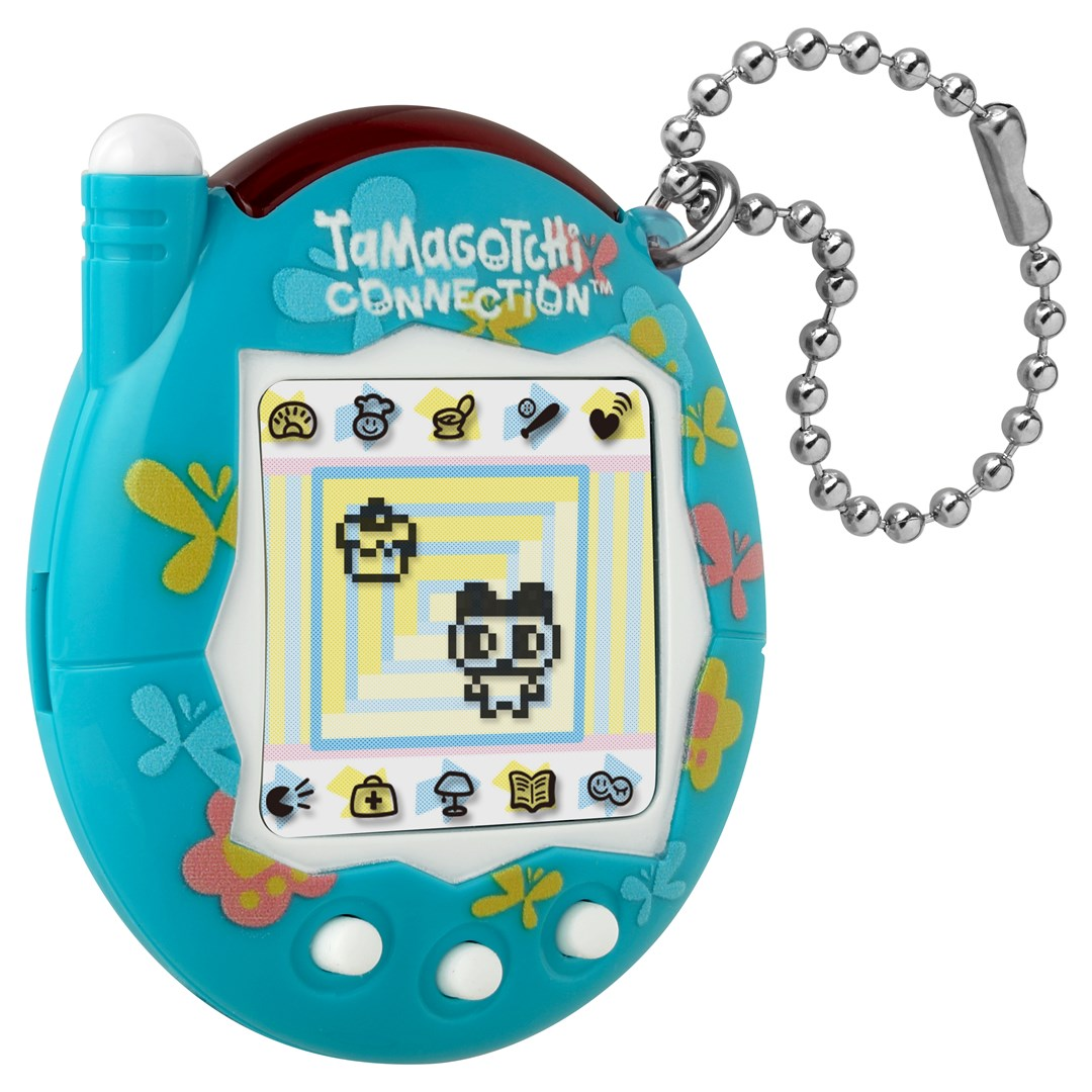 Niebieska zabawka Tamagotchi Connection z ekranem cyfrowym i metalowym łańcuszkiem.
