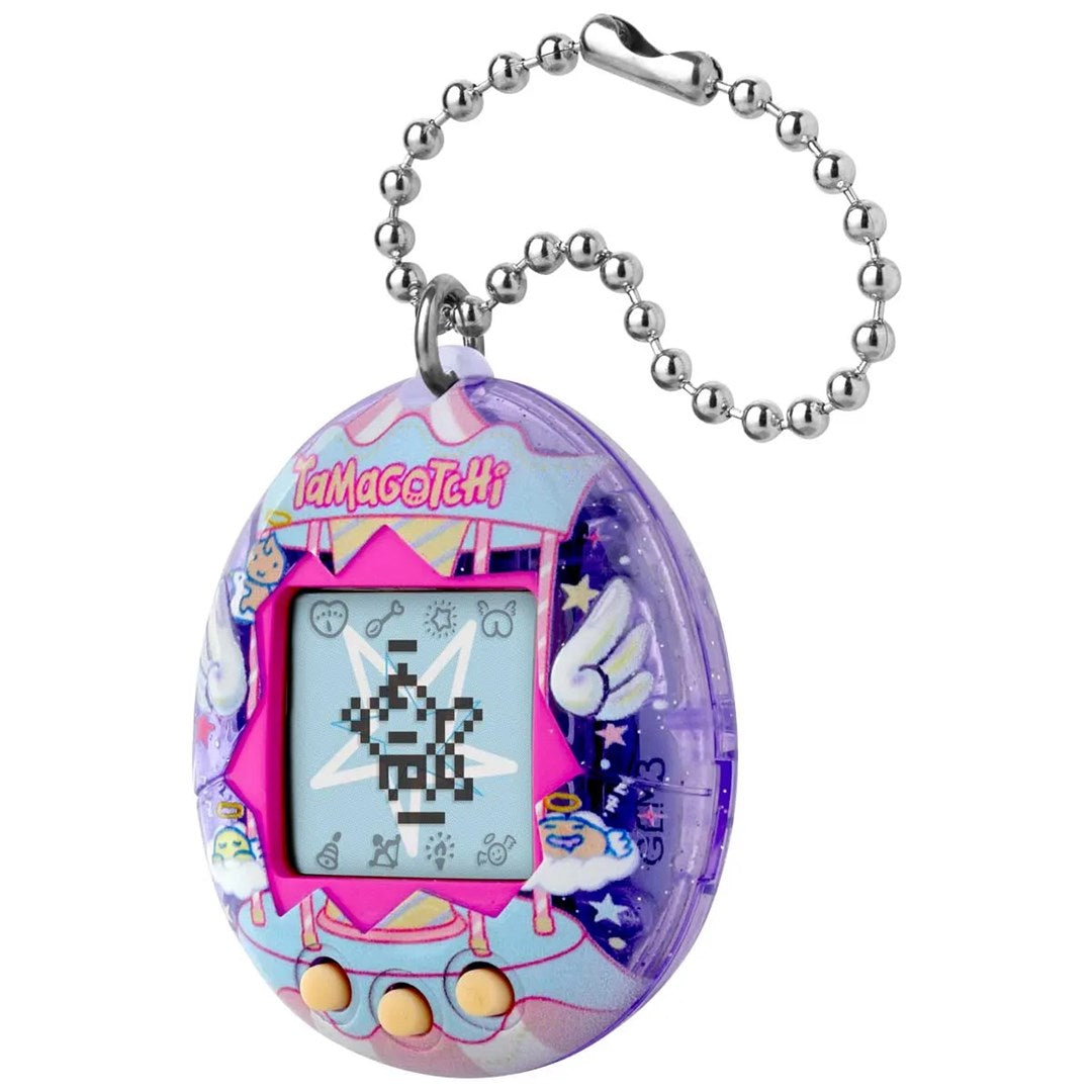 Fioletowe Tamagotchi z łańcuszkiem, cyfrowym zwierzakiem na ekranie i motywem karuzeli.
