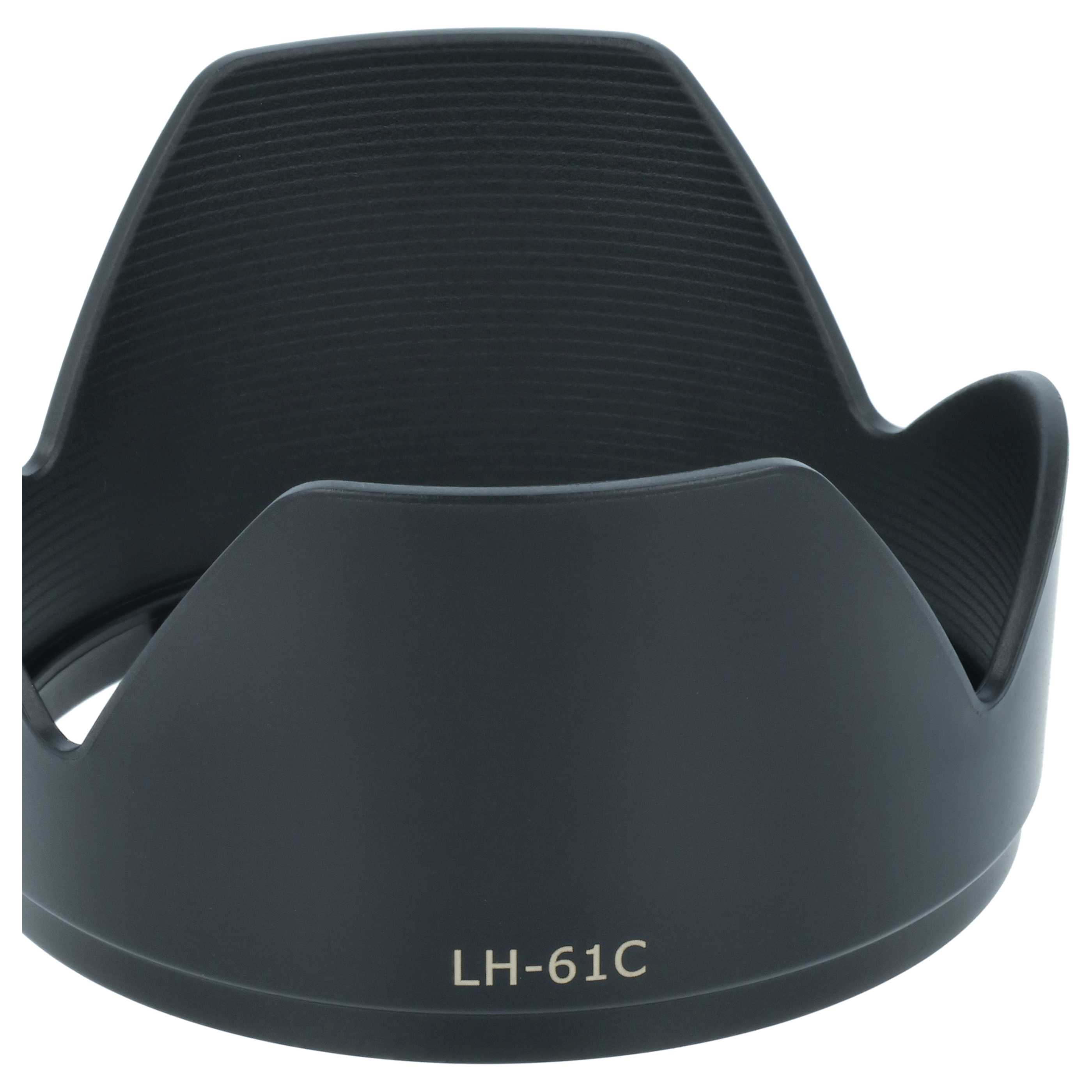 Schwarze Kamera-Gegenlichtblende LH-61C auf weißem Hintergrund.