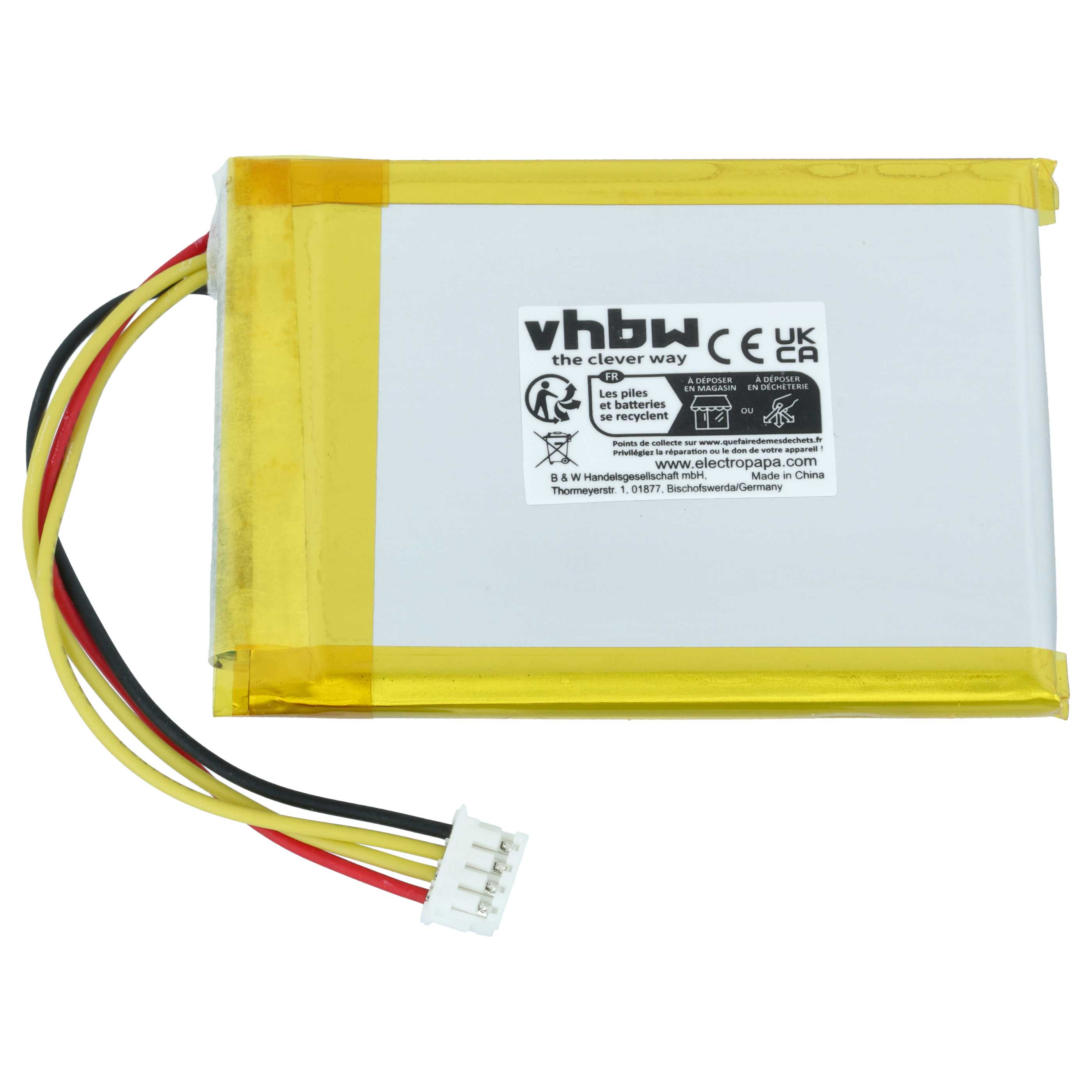 Wiederaufladbare Lithium-Ionen-Batterie mit gelbem Rand, Beschriftung und dreiadrigem Kabel mit Stecker.