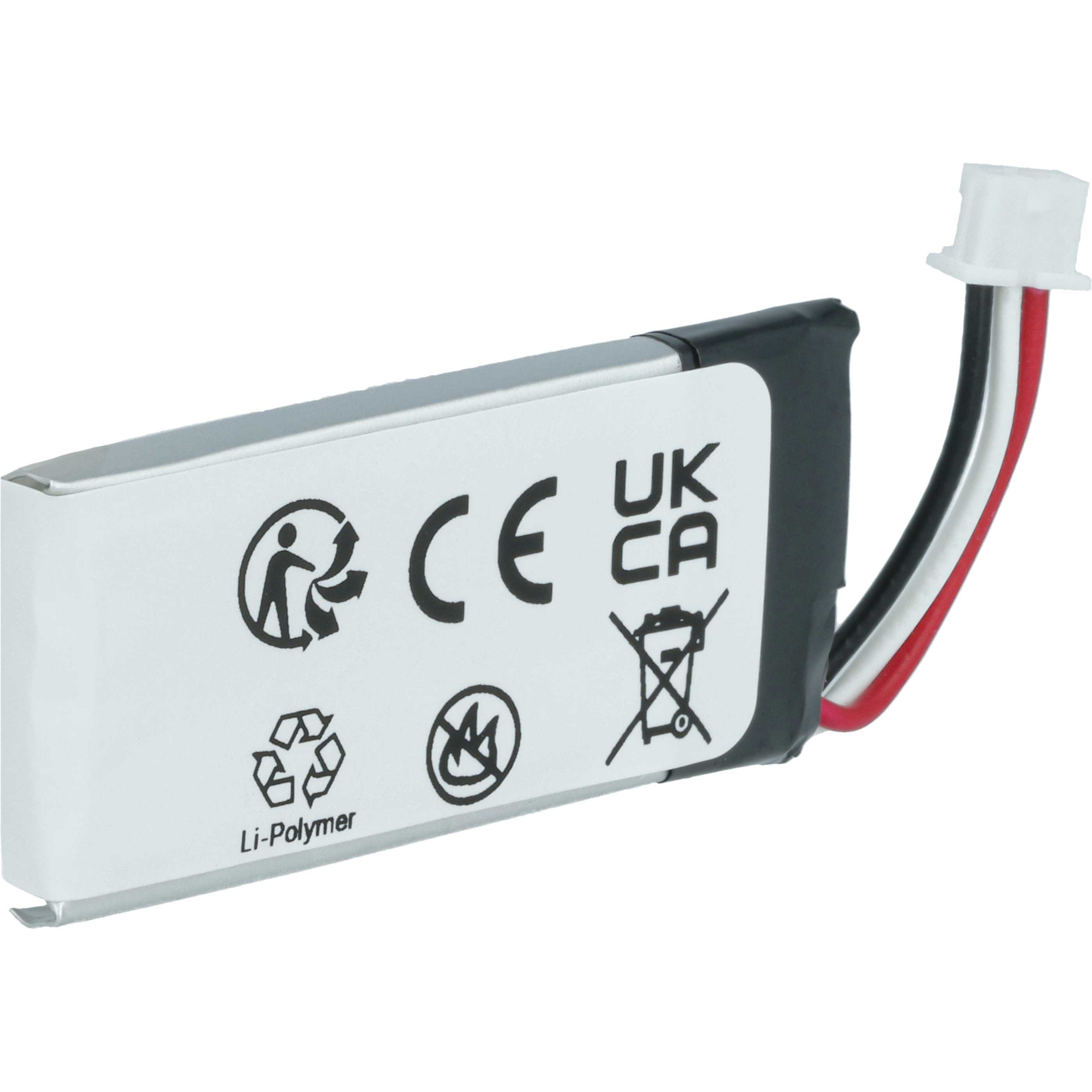 Eine rechteckige Li-Polymer-Batterie mit CE-Zeichen, Recycling-Symbol und dreiadrigem Kabel mit weißem Stecker.
