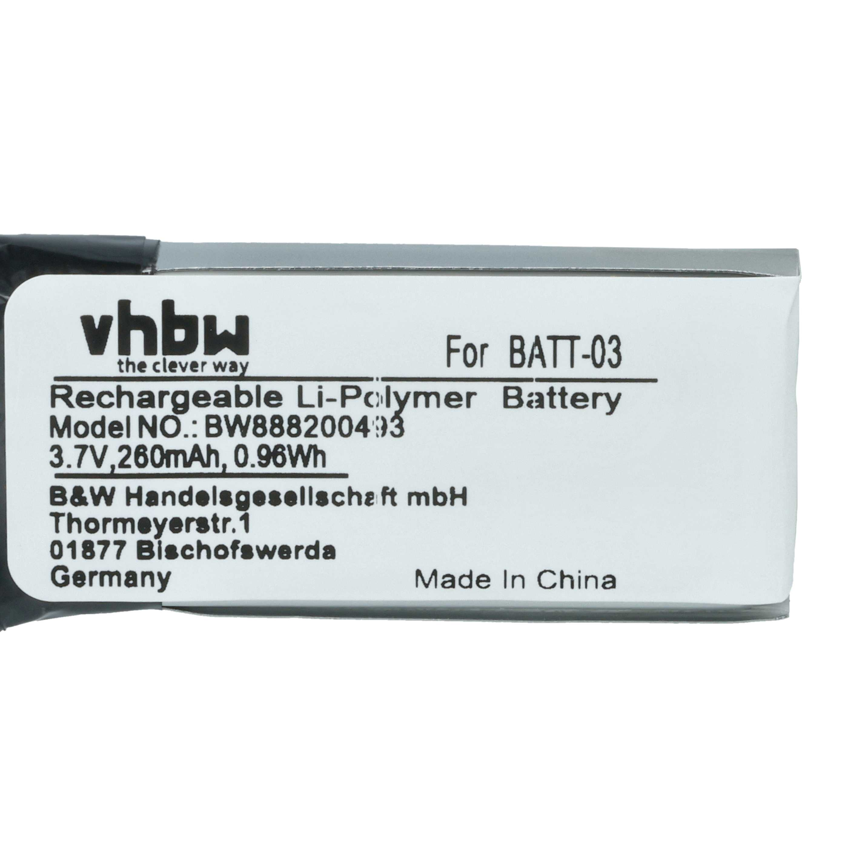 Etikett auf einem Akku mit der Aufschrift vhbw, Modell BW888200493, 3,7V, 260mAh, made in China.