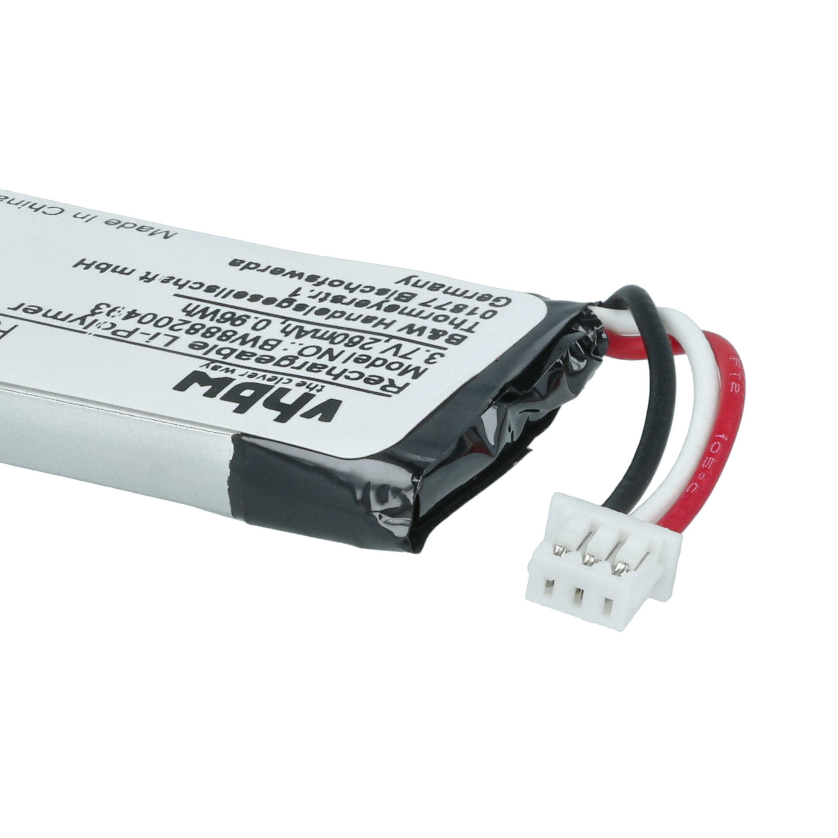Eine Lithium-Polymer-Batterie mit weißer Beschriftung und drei bunten Kabeln mit weißem Stecker.