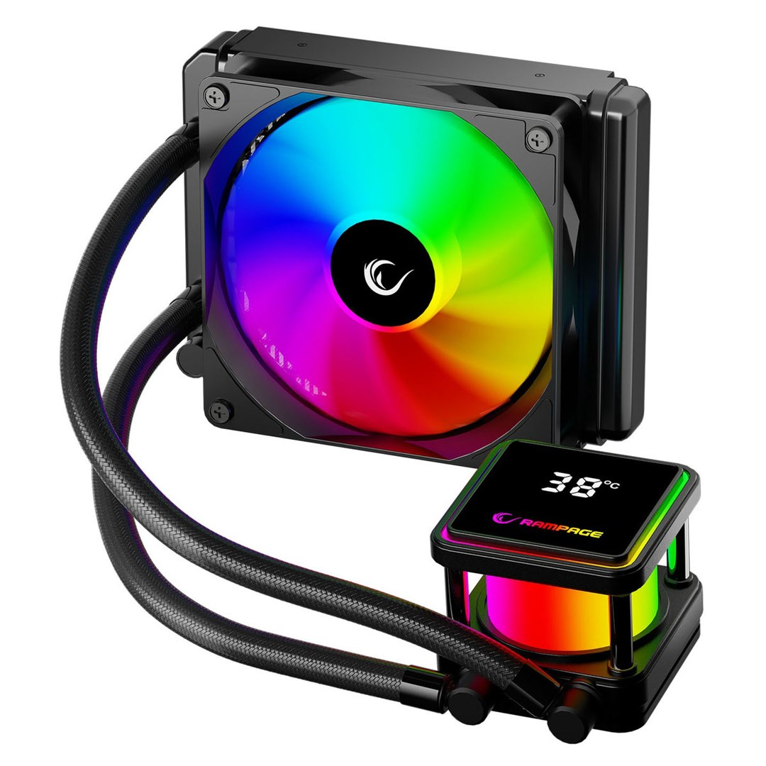 Czarny chłodnik wodny CPU z wentylatorem RGB, plecionymi rurkami i cyfrowym wyświetlaczem temperatury.