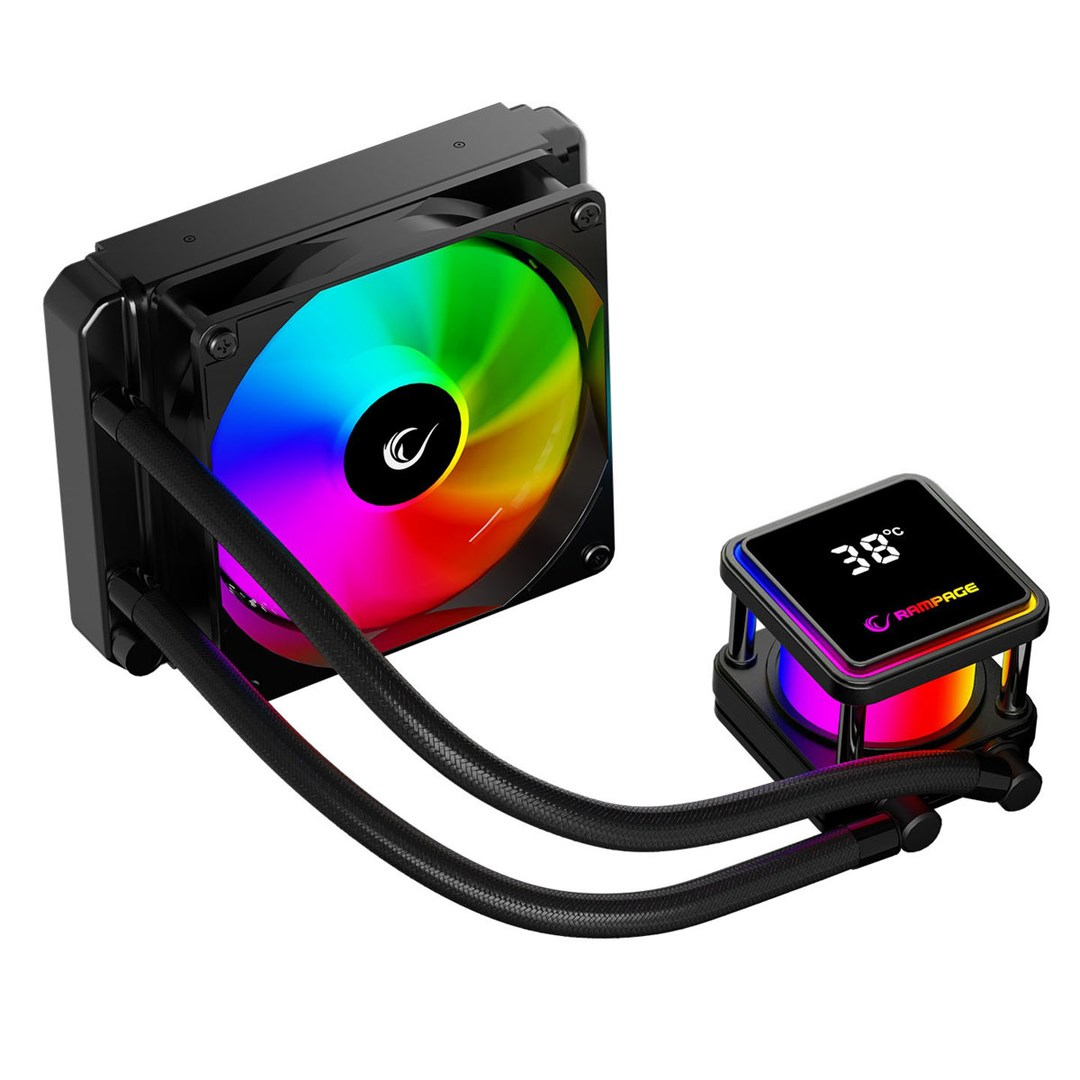 Czarne chłodzenie wodne CPU z wentylatorem RGB, przewodami i blokiem pompy wskazującym 38 stopni Celsjusza.