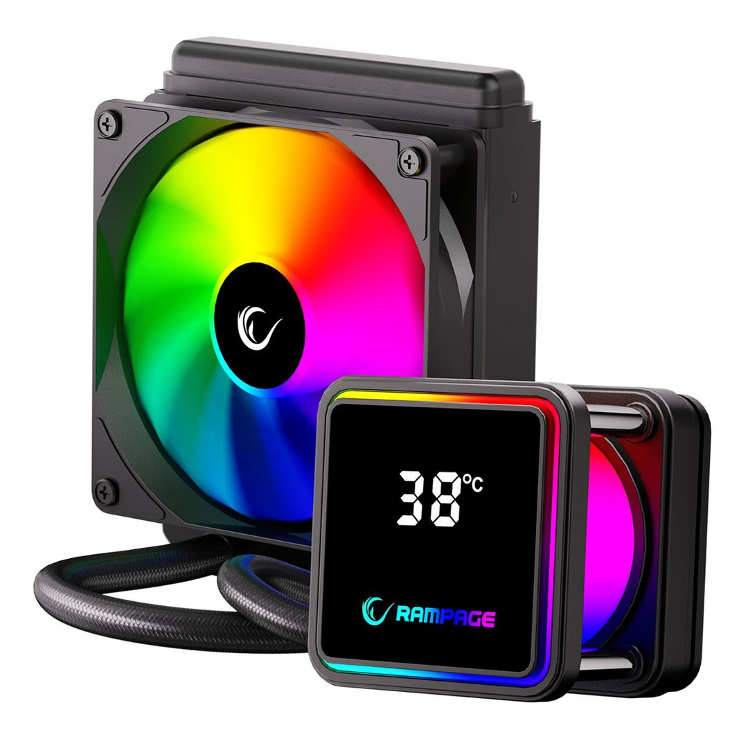 Czarny chłodnik cieczowy procesora z wentylatorem RGB i cyfrowym wyświetlaczem temperatury 38 stopni.
