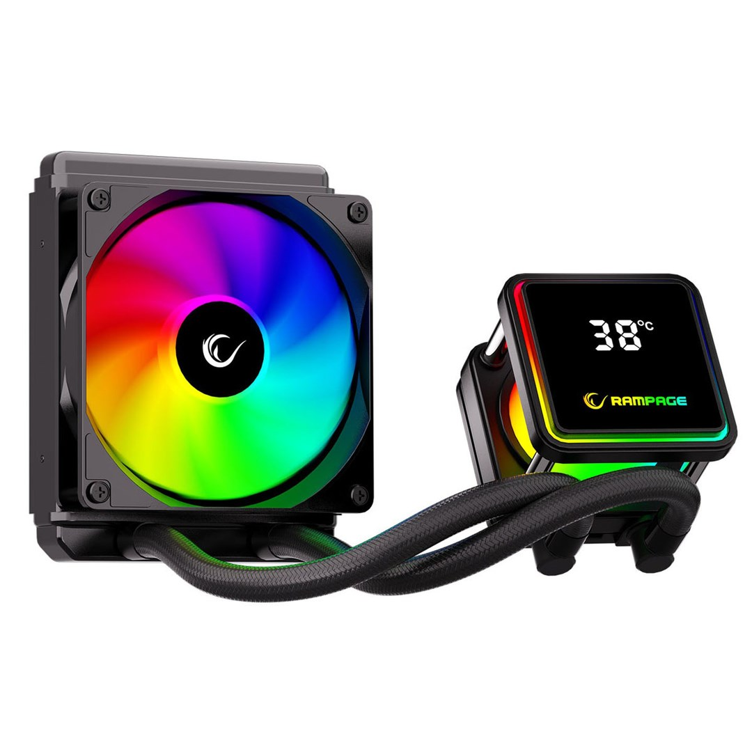 Czarny system chłodzenia wodnego CPU z kolorowymi wentylatorami RGB i cyfrowym wyświetlaczem.