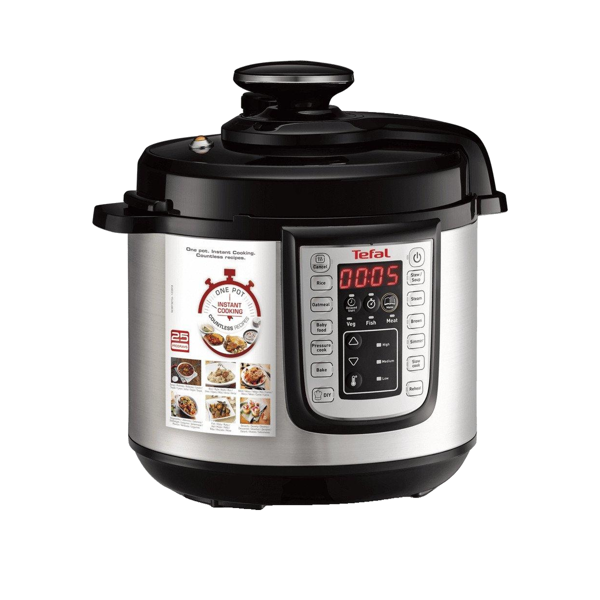 Pentola a pressione in acciaio inossidabile Tefal con coperchio nero, display digitale e pannello di controllo su sfondo bianco.
