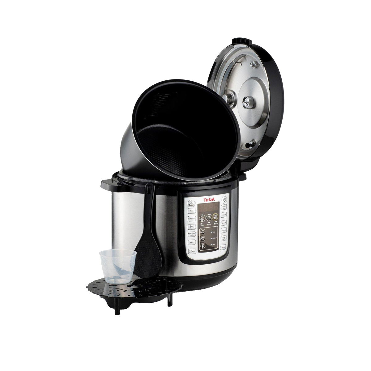 Una pentola a pressione Tefal argentata con coperchio aperto, pentola interna rimovibile e accessori.