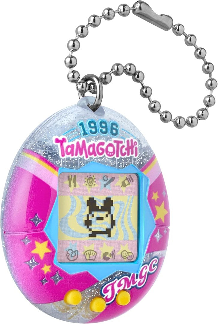 Błyszczący różowo-niebieski breloczek Tamagotchi z cyfrowym zwierzakiem na ekranie.