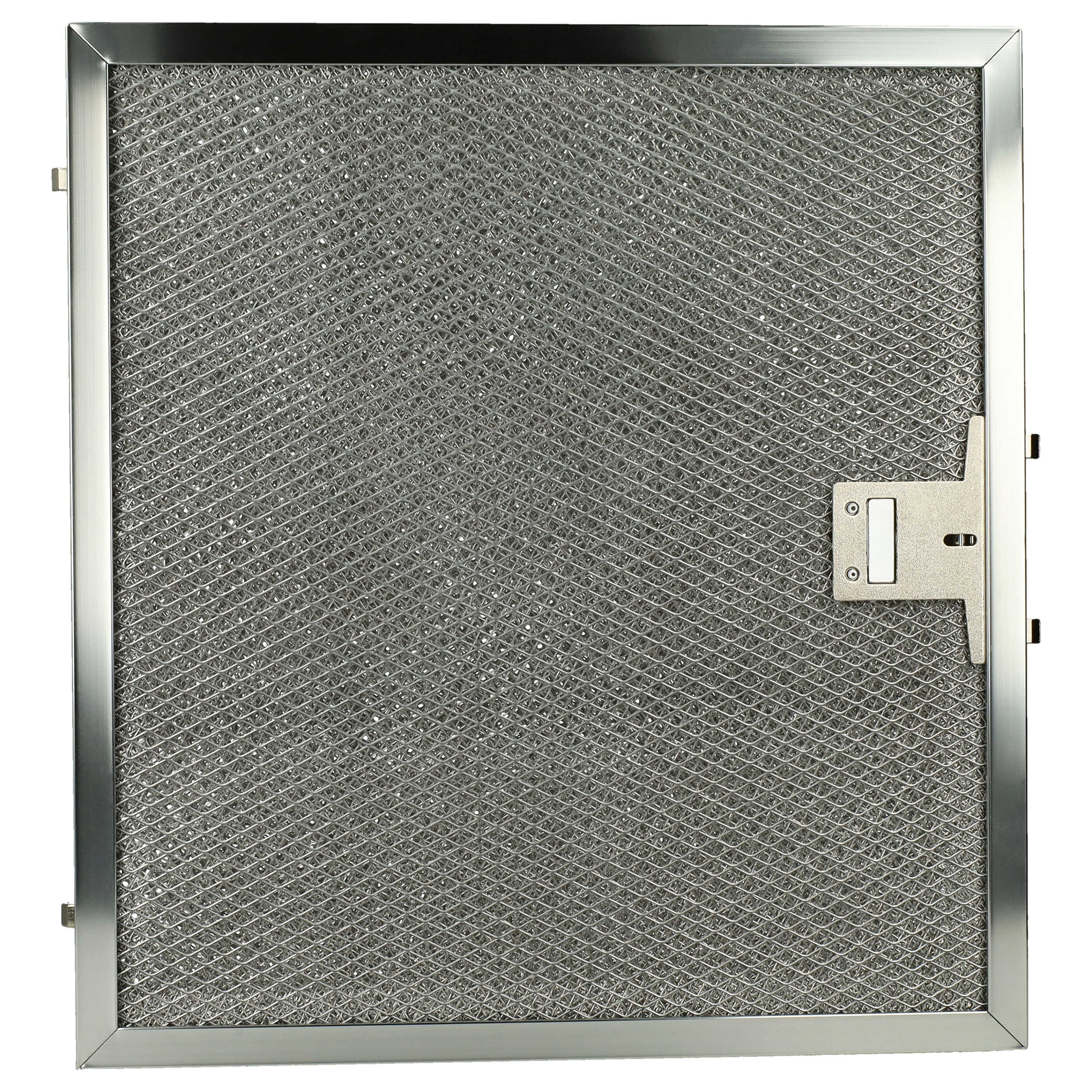 Silberner Dunstabzugshaubenfilter mit Metallrahmen und integriertem Riegel.