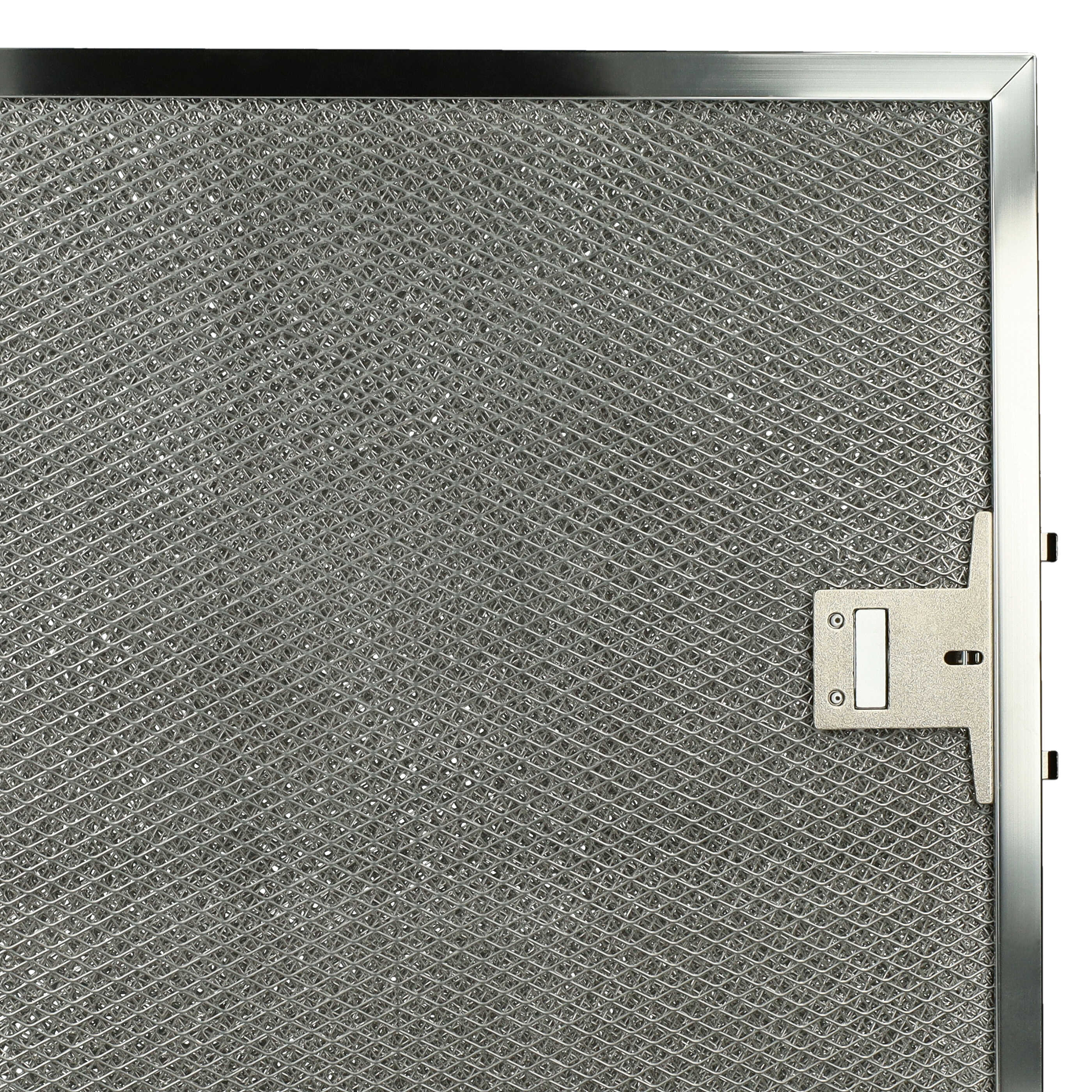 Silberner Dunstabzugshaubenfilter mit Metallrahmen und integriertem Verschluss.