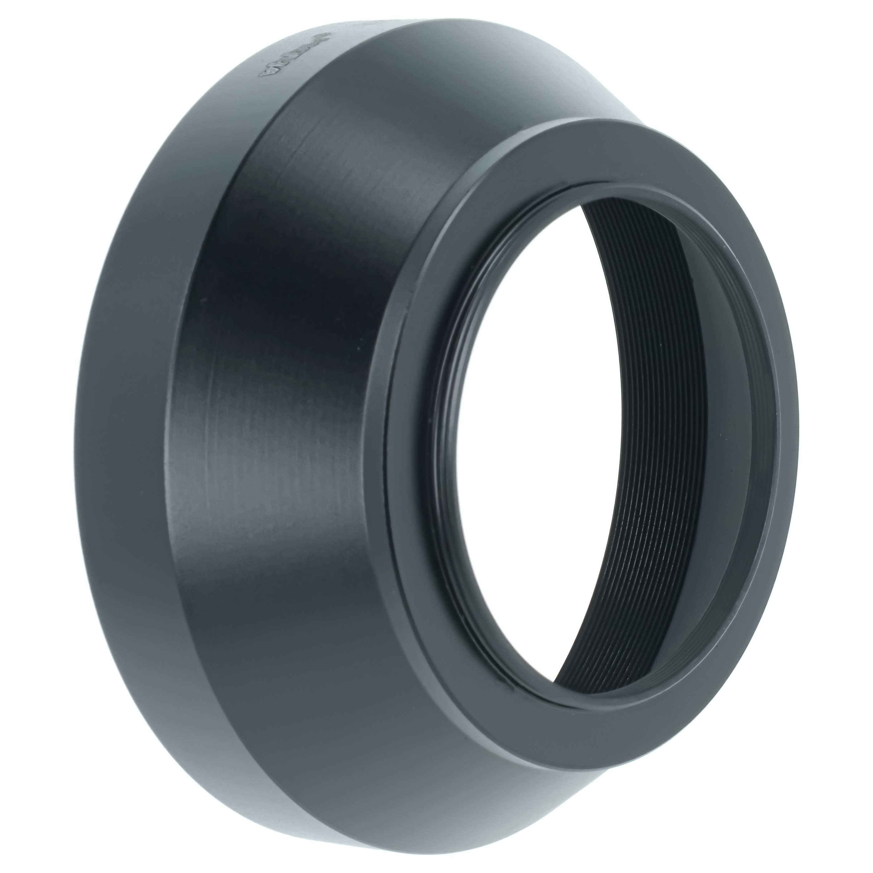 Schwarze Kamera-Gegenlichtblende aus Metall mit Innengewinde vor weißem Hintergrund.
