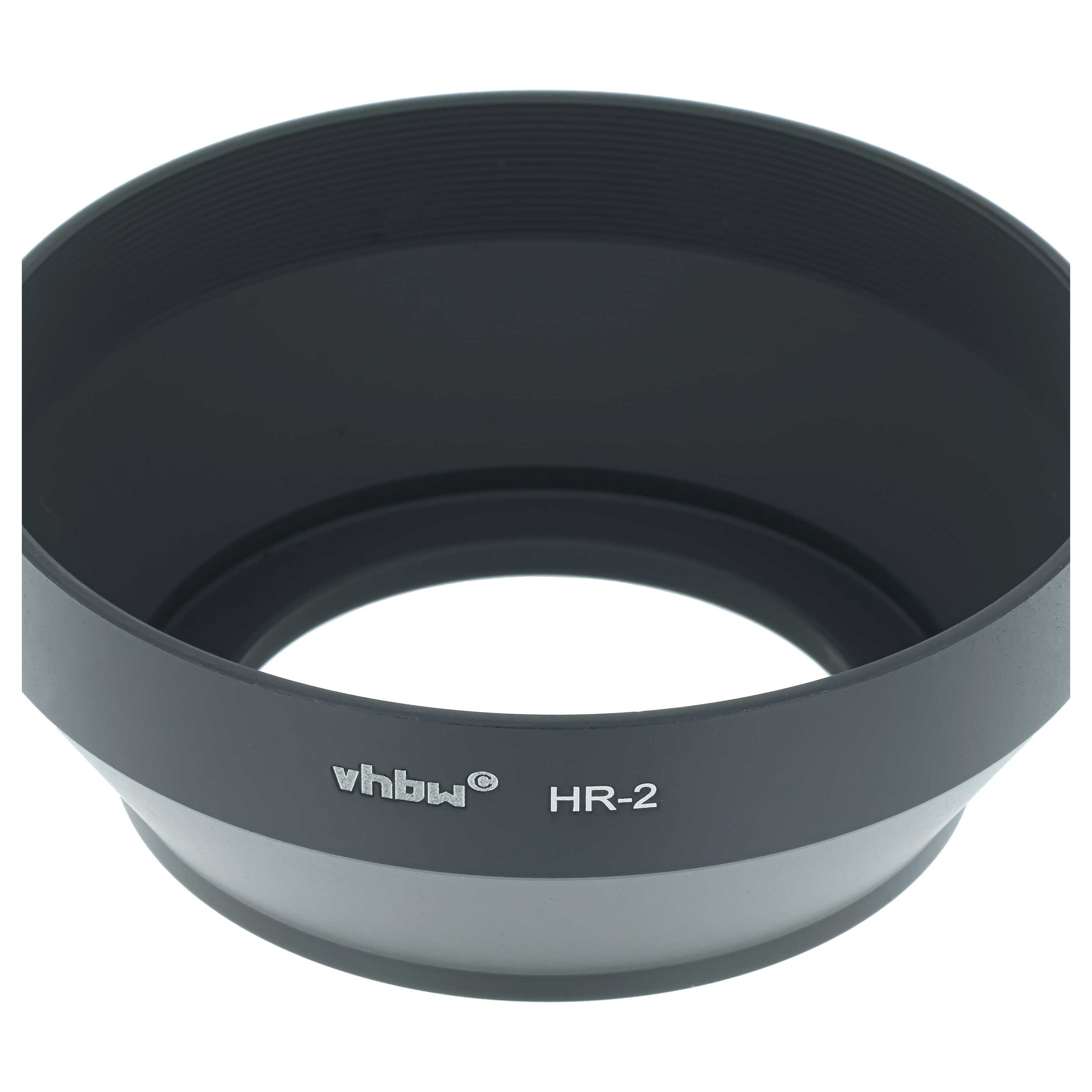 Eine schwarze Kamera-Gegenlichtblende mit der Aufschrift vhbw HR-2 auf weißem Hintergrund.