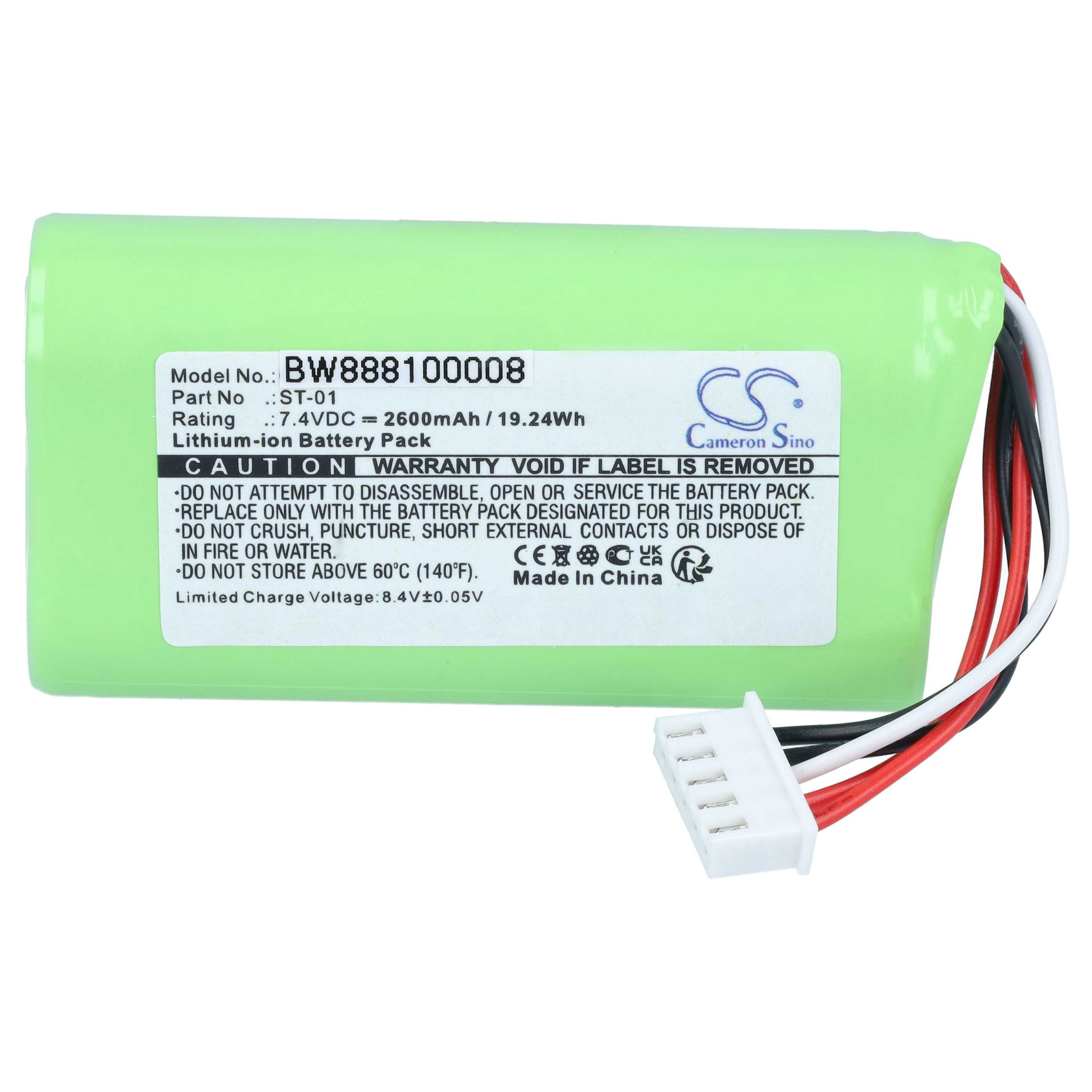 Ein hellgrüner Lithium-Ionen-Akku mit weißem Etikett, Modell BW88810008, verbunden mit einem weißen mehrpoligen Stecker.