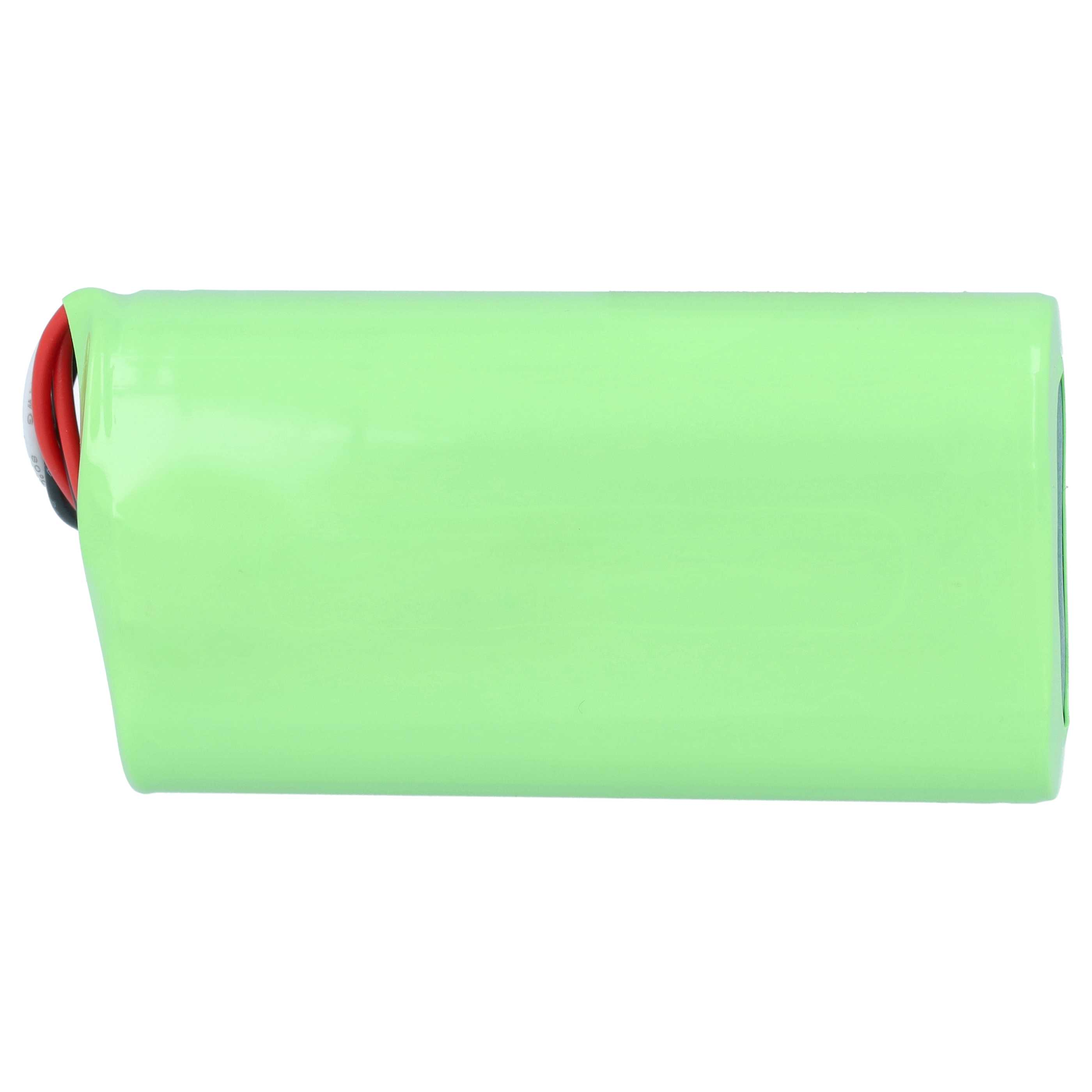 Eine hellgruene zylindrische Batterie mit roten und schwarzen Kabeln auf einer Seite.