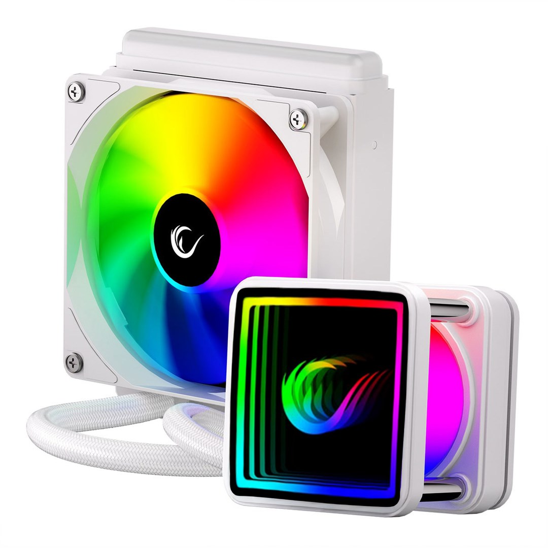 Białe chłodzenie wodne CPU z żywym podświetleniem RGB na wentylatorze i bloku.