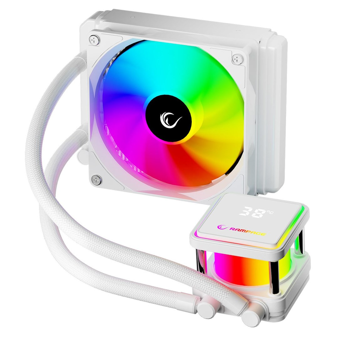 Biały chłodzący płyn do procesora z wentylatorem RGB i cyfrowym wyświetlaczem temperatury.