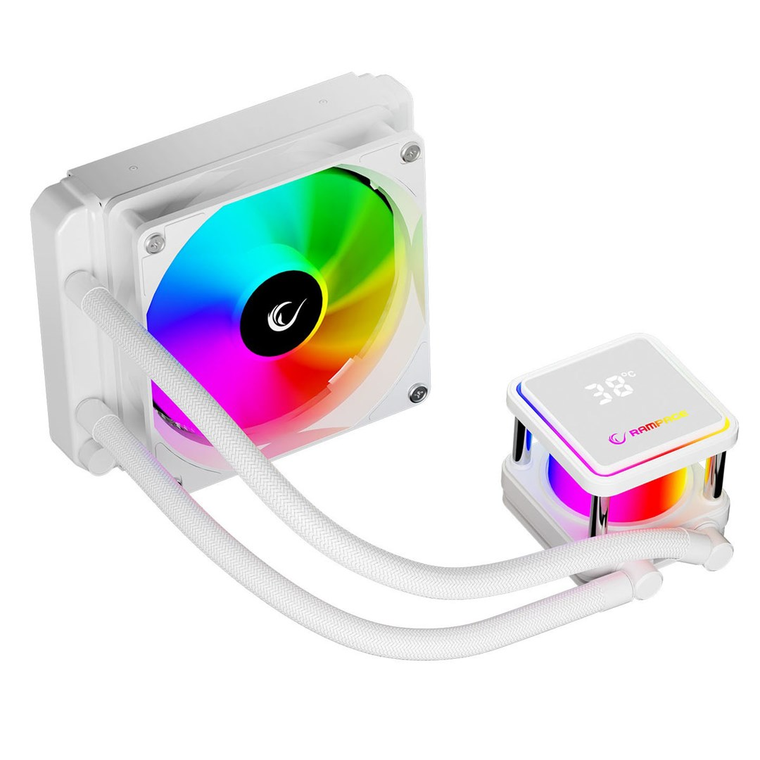 Biały chłodniczek wodny do procesora z wentylatorem RGB i cyfrowym wyświetlaczem temperatury.
