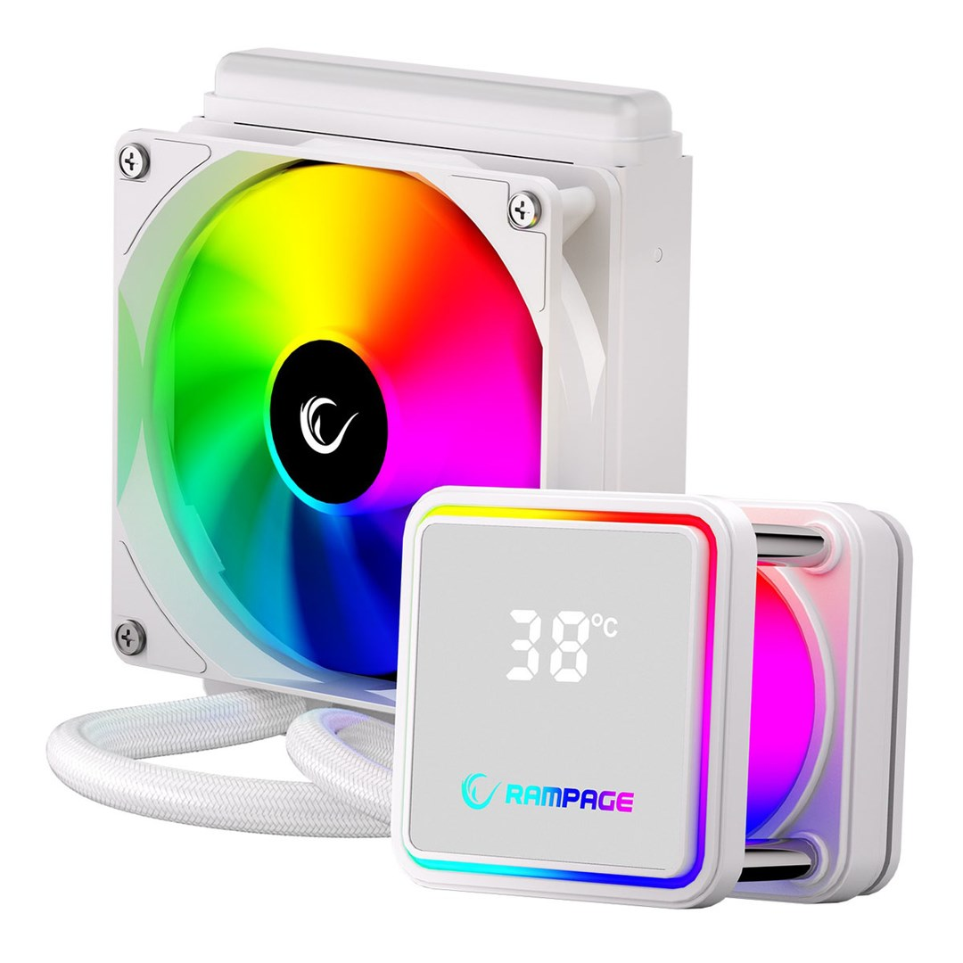 Biały chłodziacz wodny CPU z wentylatorami RGB i cyfrowym wyświetlaczem.