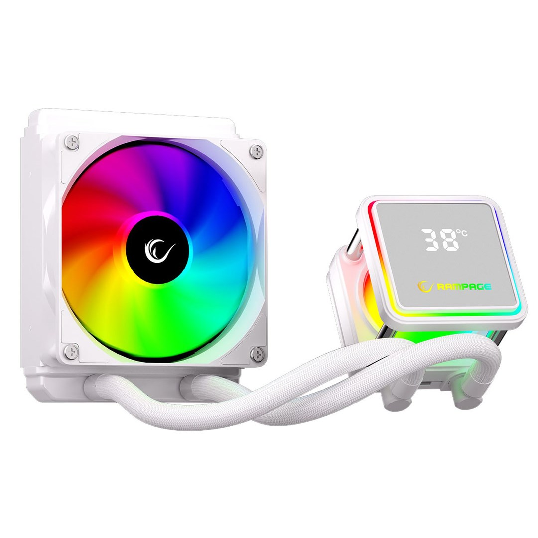 Biały system chłodzenia wodnego CPU z kolorowymi wentylatorami RGB i cyfrowym wyświetlaczem.