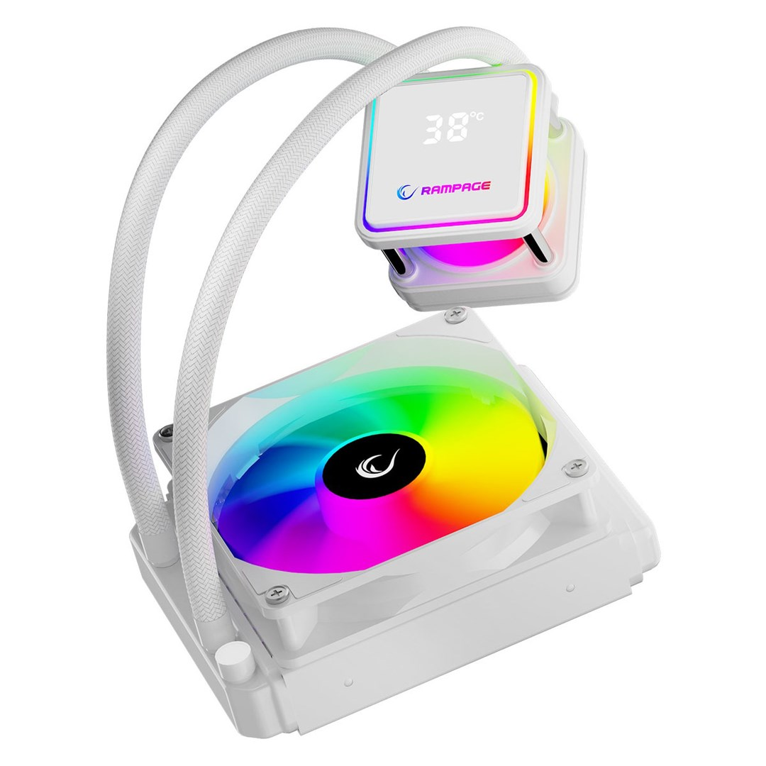 Białe chłodzenie wodne CPU z cyfrowym wyświetlaczem, wentylatorem RGB i rurkami.