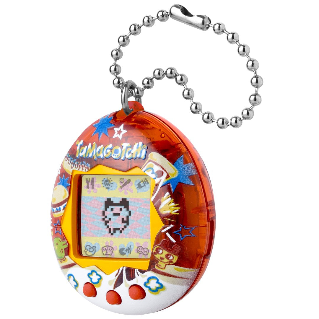 Czerwone jajowate urządzenie Tamagotchi z łańcuszkiem, cyfrowym ekranem i naklejkami.