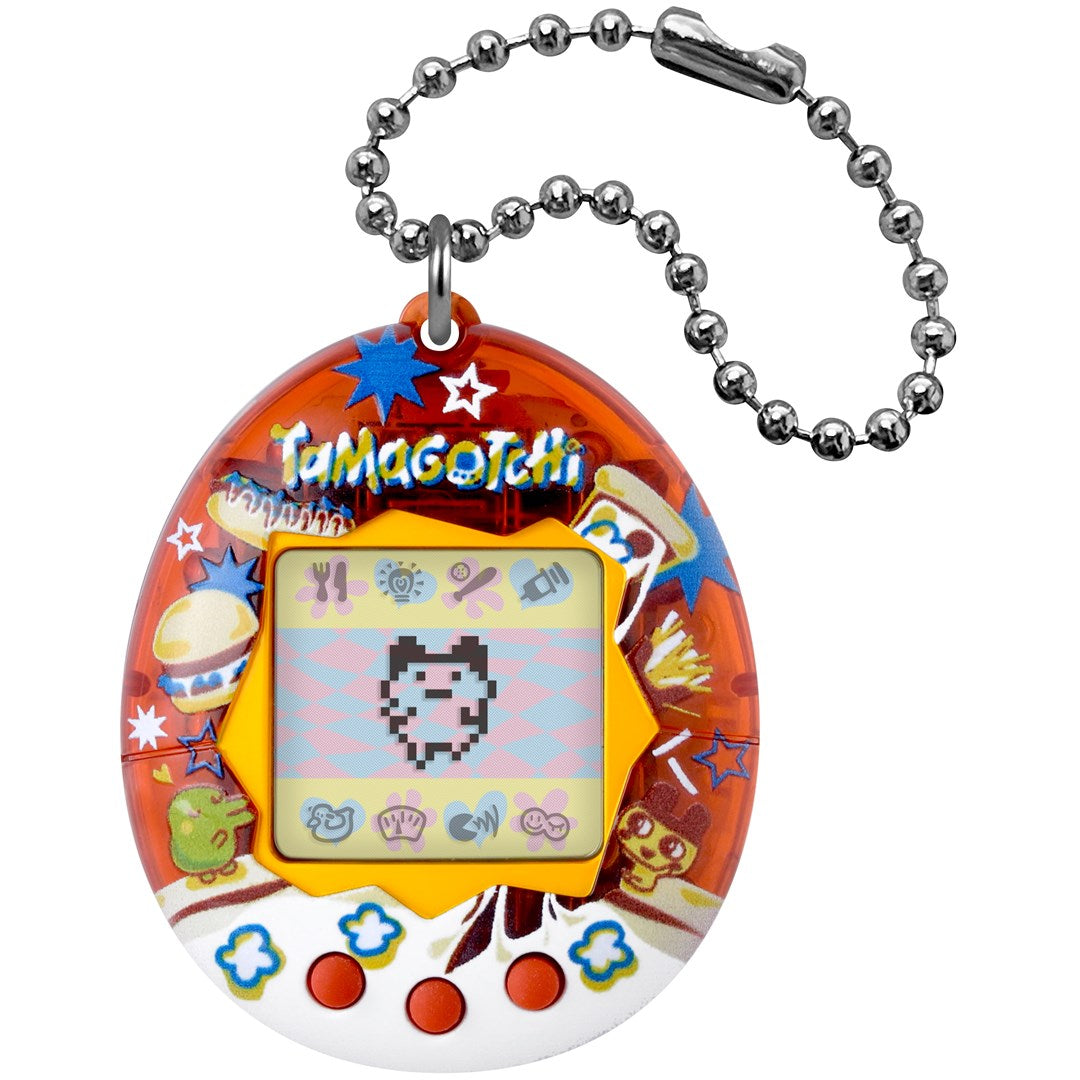 Pomarańczowe urządzenie Tamagotchi z łańcuszkiem i małą cyfrową postacią na żółtym ekranie.