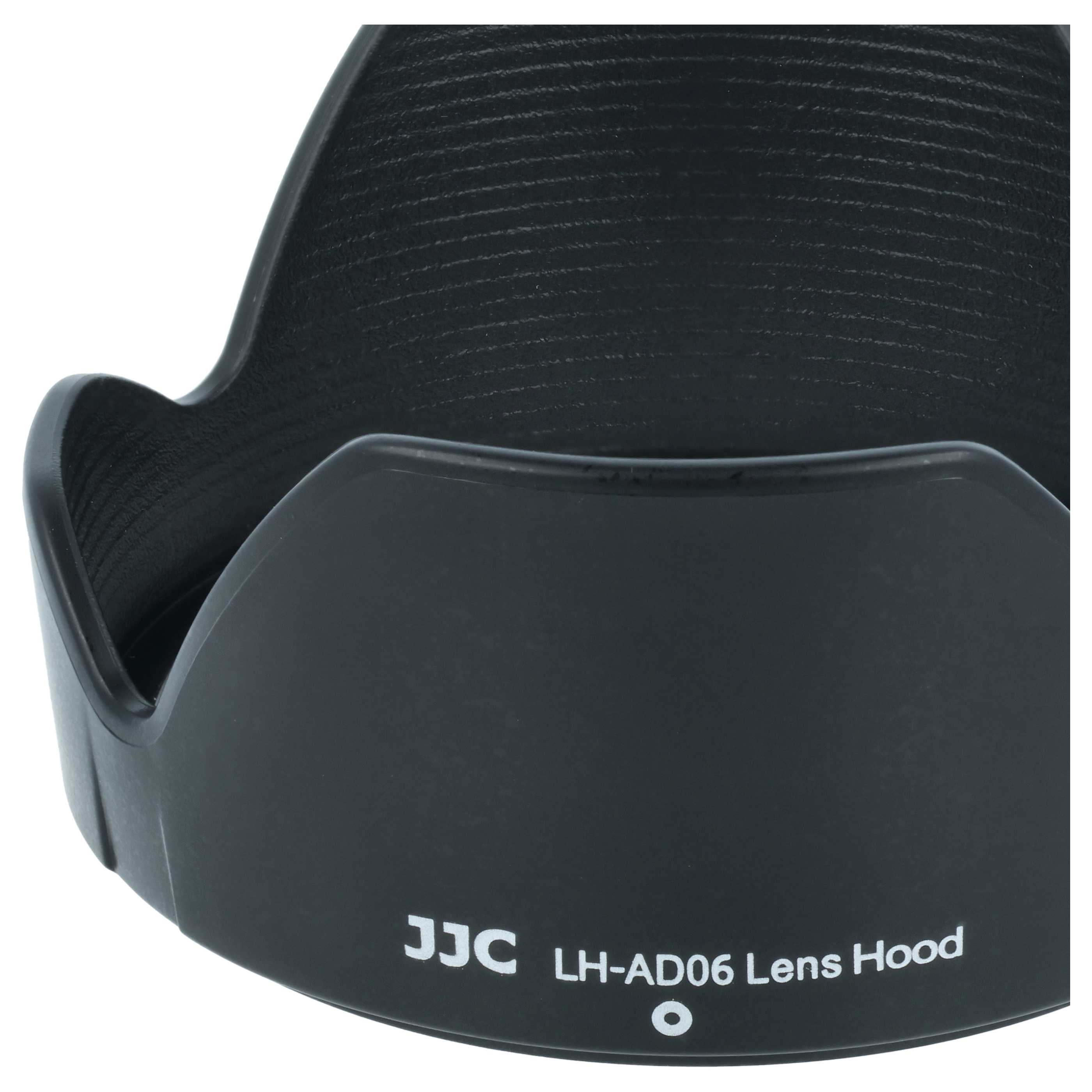 Schwarze JJC LH-AD06 Gegenlichtblende auf weißem Hintergrund.
