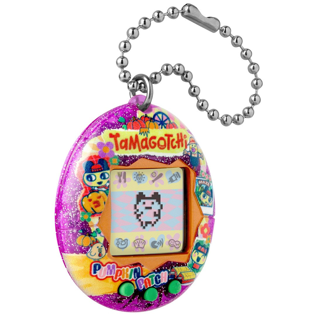 Błyszczący fioletowy Tamagotchi Pumpkin Patch z łańcuszkiem z koralików i ekranem.
