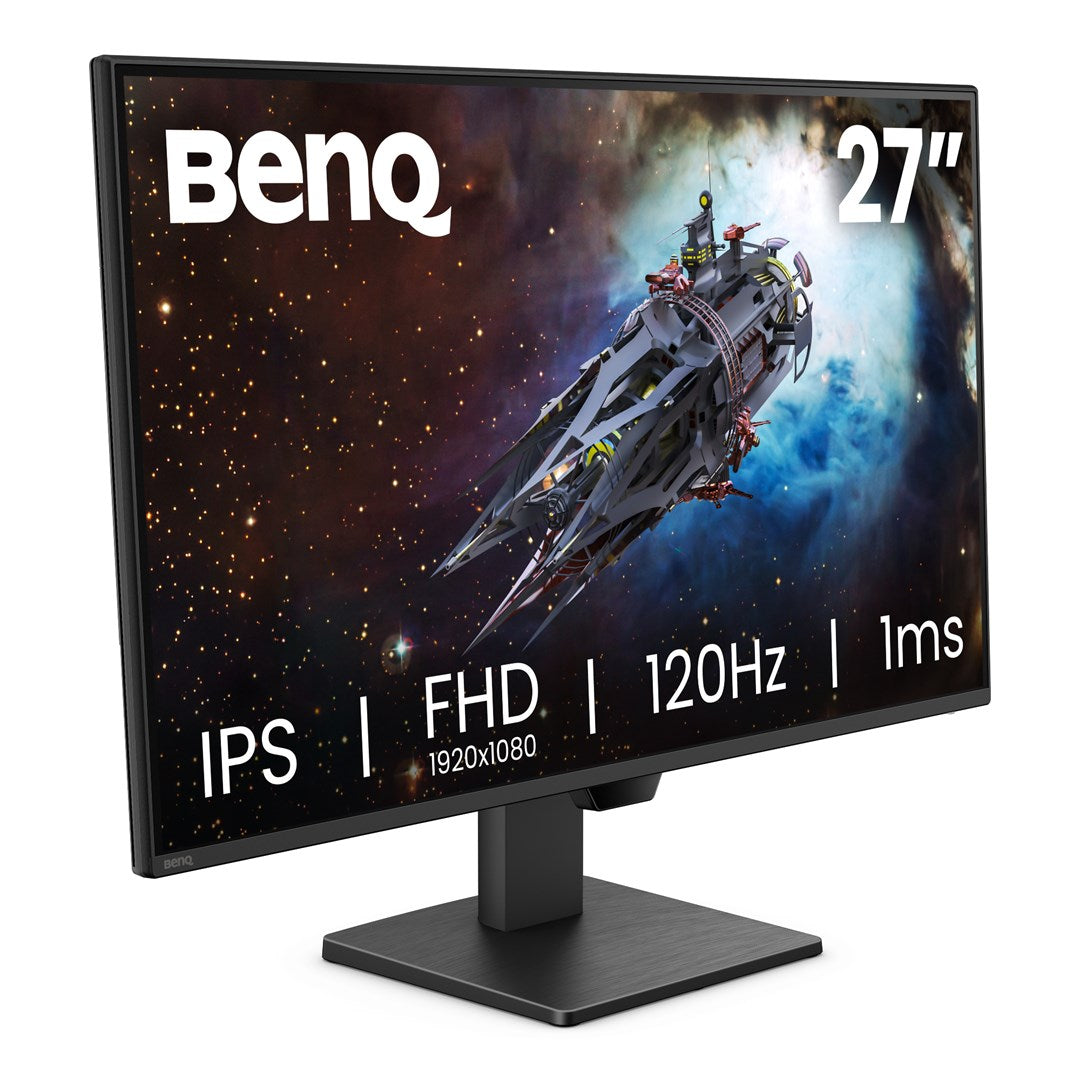 Ein schwarzer BenQ 27-Zoll-Monitor mit einem Raumschiff-Hintergrund und technischen Spezifikationen auf dem Bildschirm.