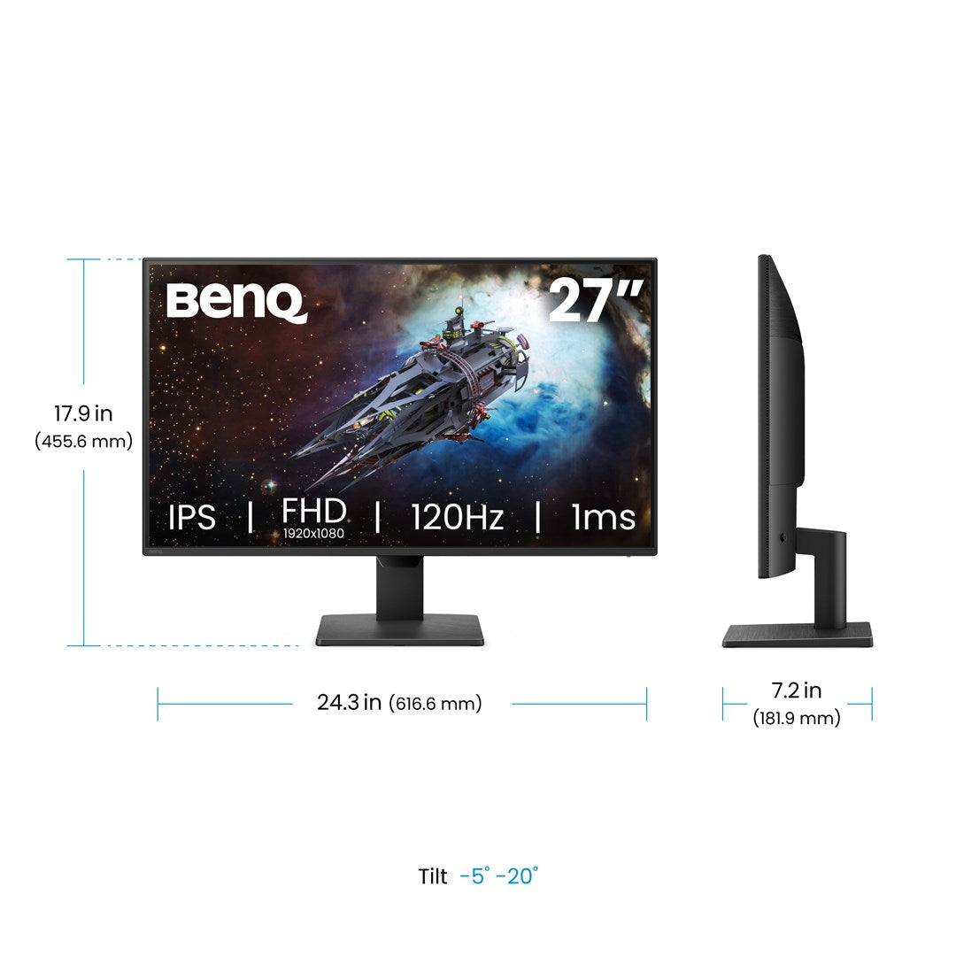 Front- und Seitenansicht eines BenQ 27-Zoll-Monitors mit Spezifikationen und Maßen.