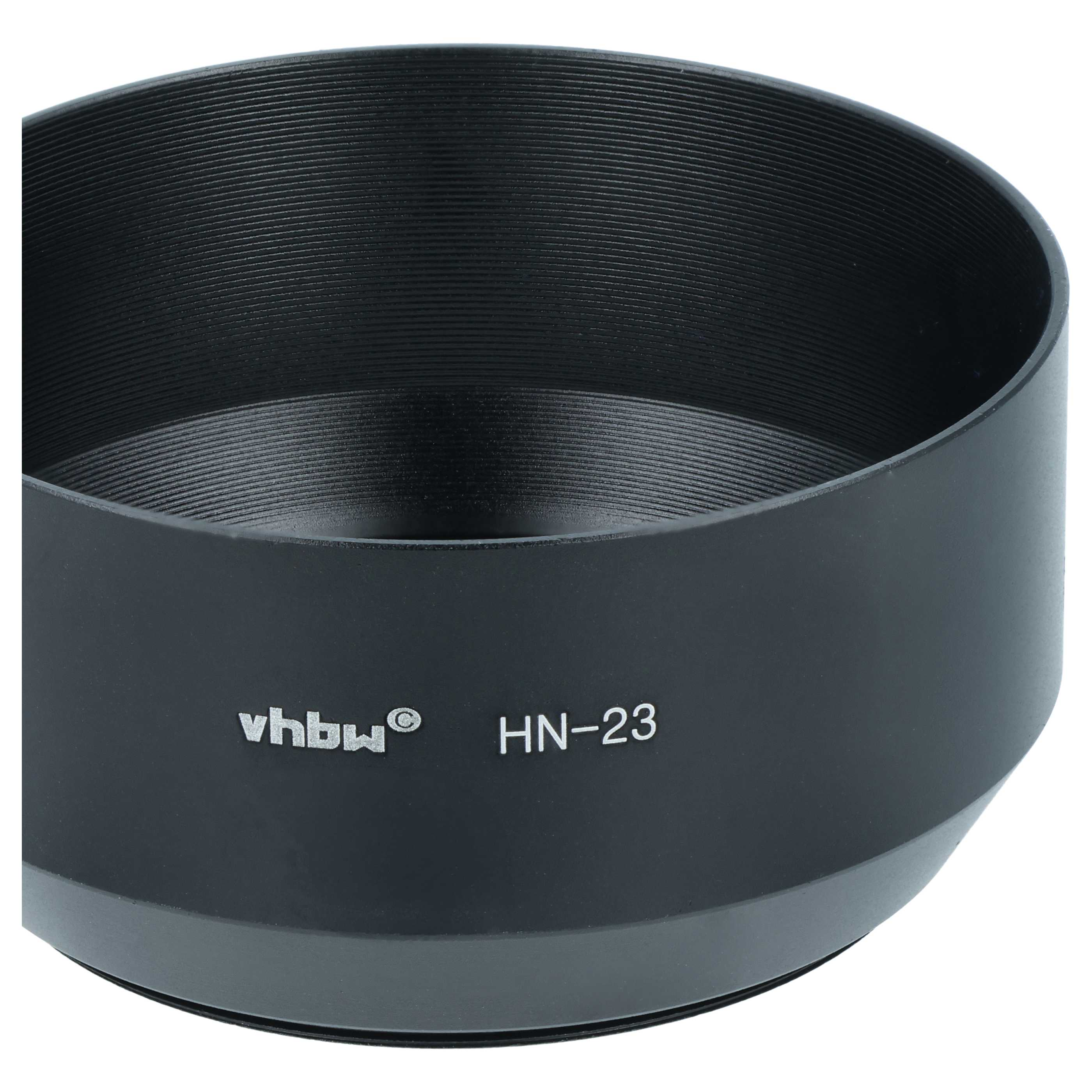 Eine schwarze vhbw HN-23 Sonnenblende mit geripptem Inneren und weißem Branding vor weißem Hintergrund.
