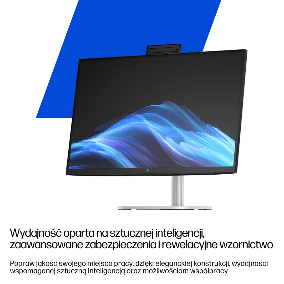 Czarny monitor HP ze srebrną podstawą i niebieską abstrakcyjną grafiką falową na ekranie.