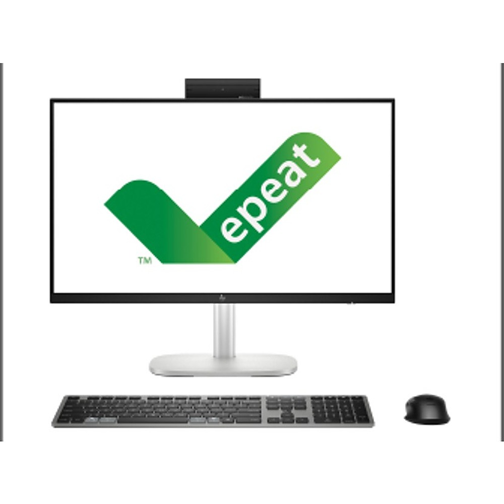 Monitor komputera wyświetla zielone logo epeat, z klawiaturą i myszą z przodu na białym tle.