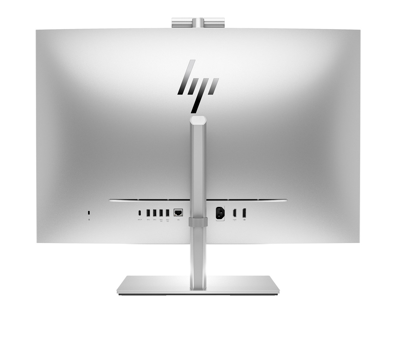 Tył srebrnego komputera HP all-in-one ze stojakiem i portami.