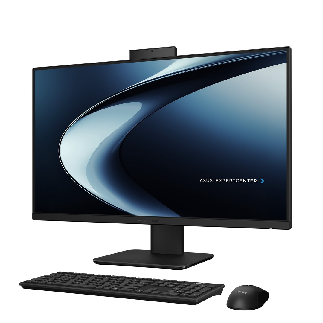 Czarny komputer All-in-One Asus z klawiaturą i myszą na białym tle.