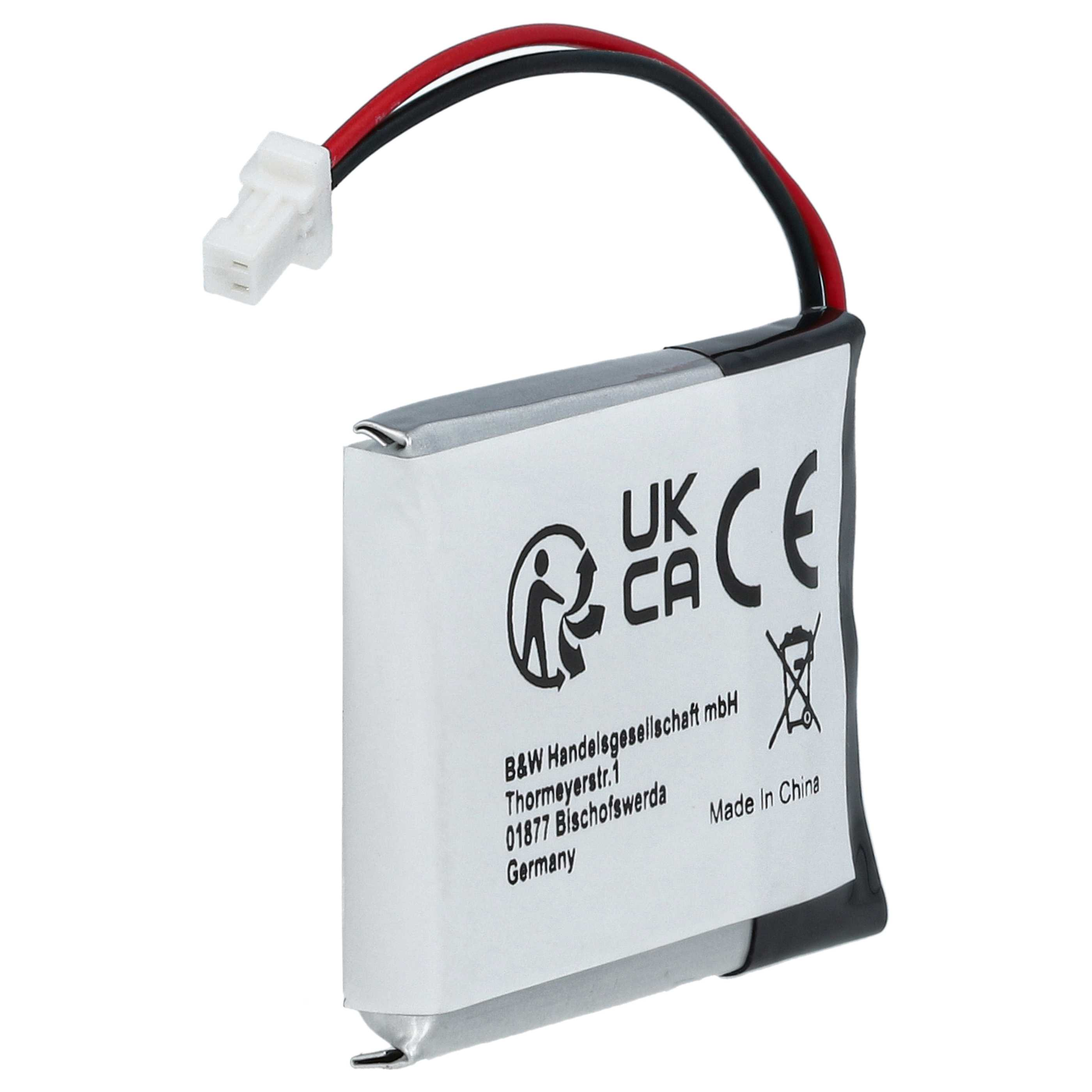 Eine kleine Lithium-Batterie mit weißem Etikett, roten und schwarzen Kabeln und einem Steckverbinder.