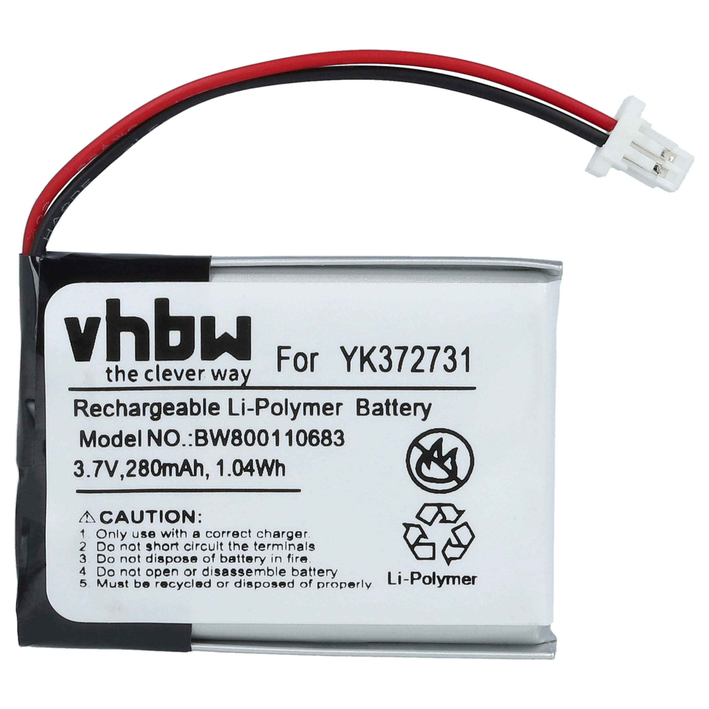 Wiederaufladbare Li-Polymer-Batterie von vhbw mit rotem und schwarzem Kabel sowie weißem Stecker.
