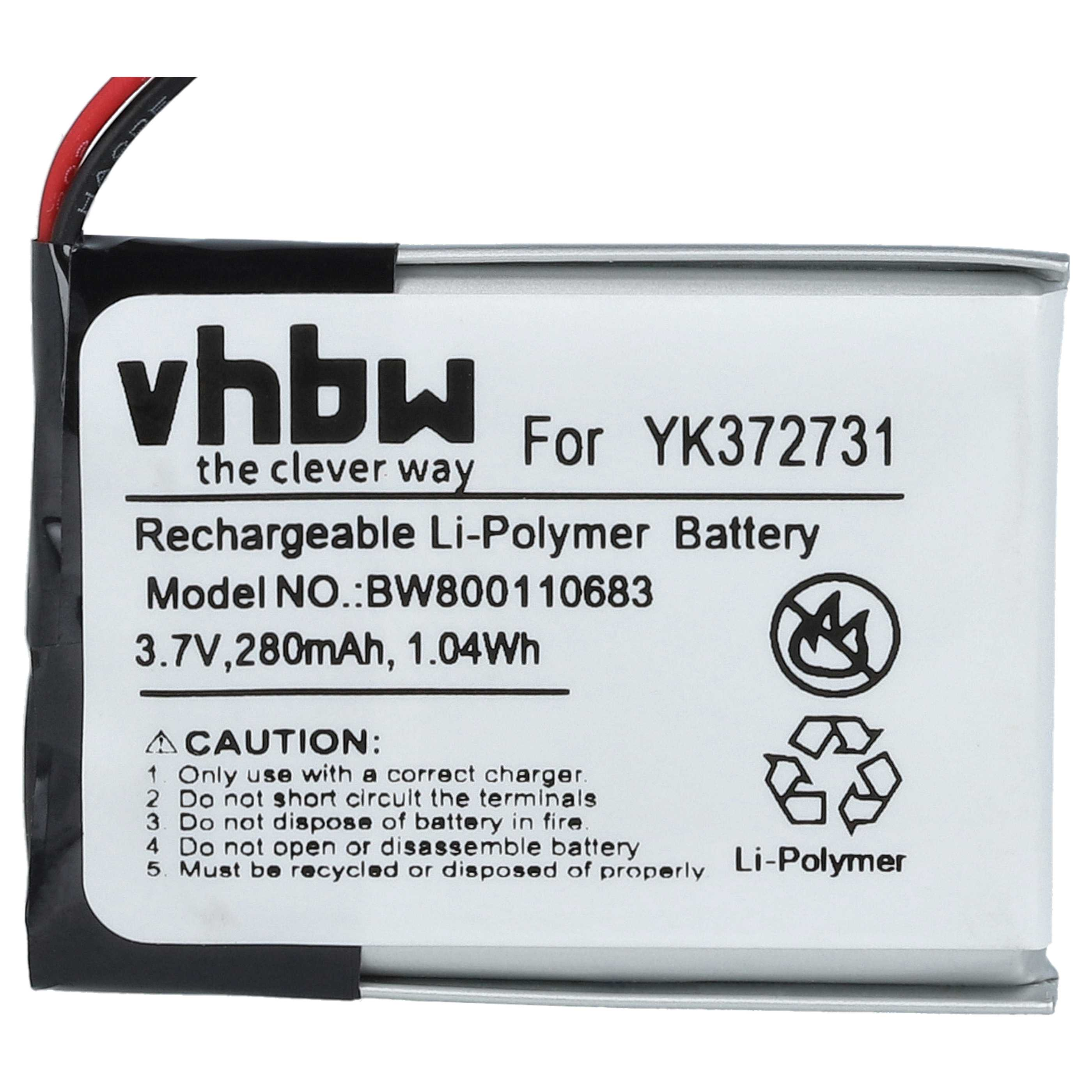 Silberner vhbw Li-Polymer-Akku mit 3,7V und 280mAh inklusive roter und schwarzer Kabel.