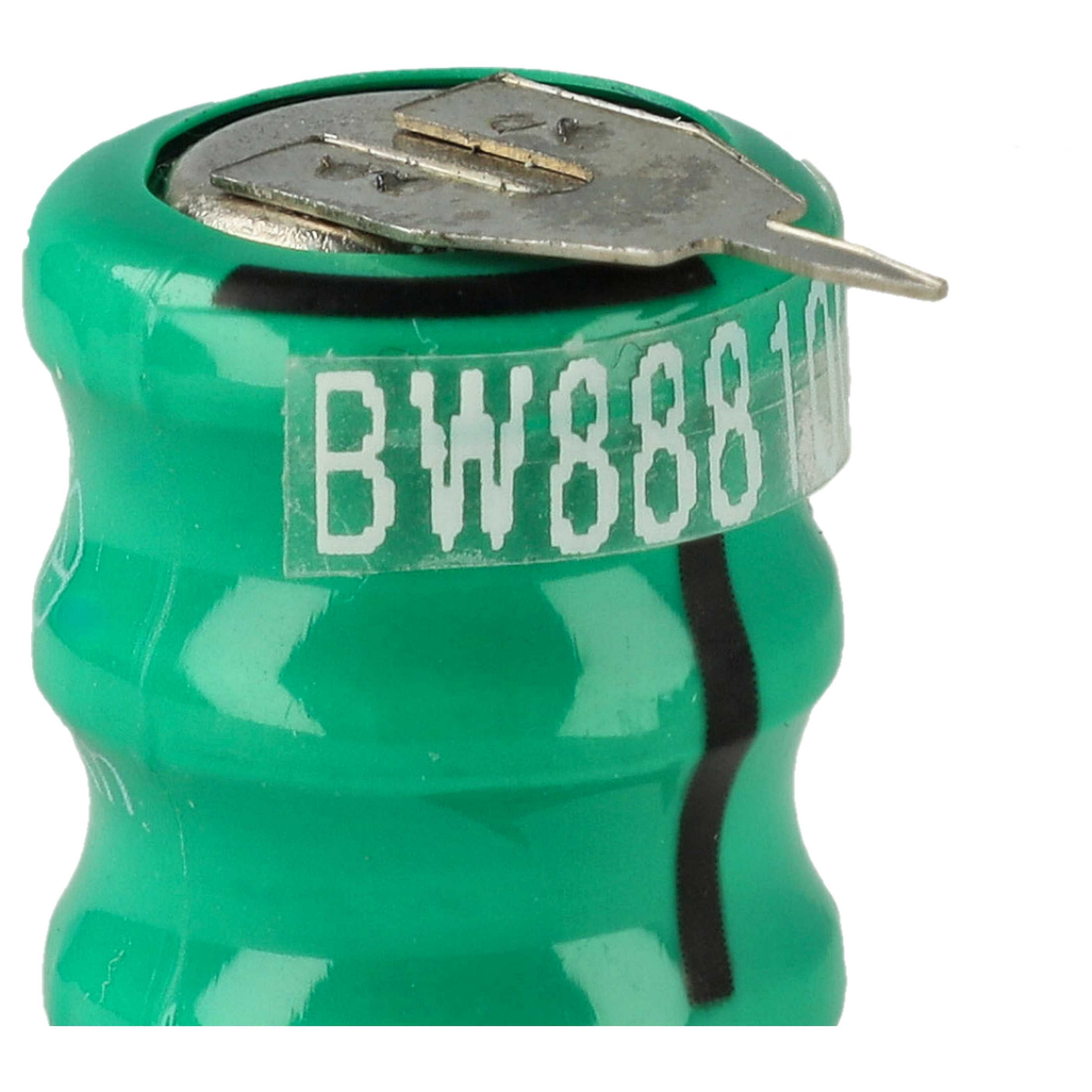 Grüne zylindrische Batterie mit Metallkontakt und weißer Aufschrift BW88810 auf weißem Hintergrund.