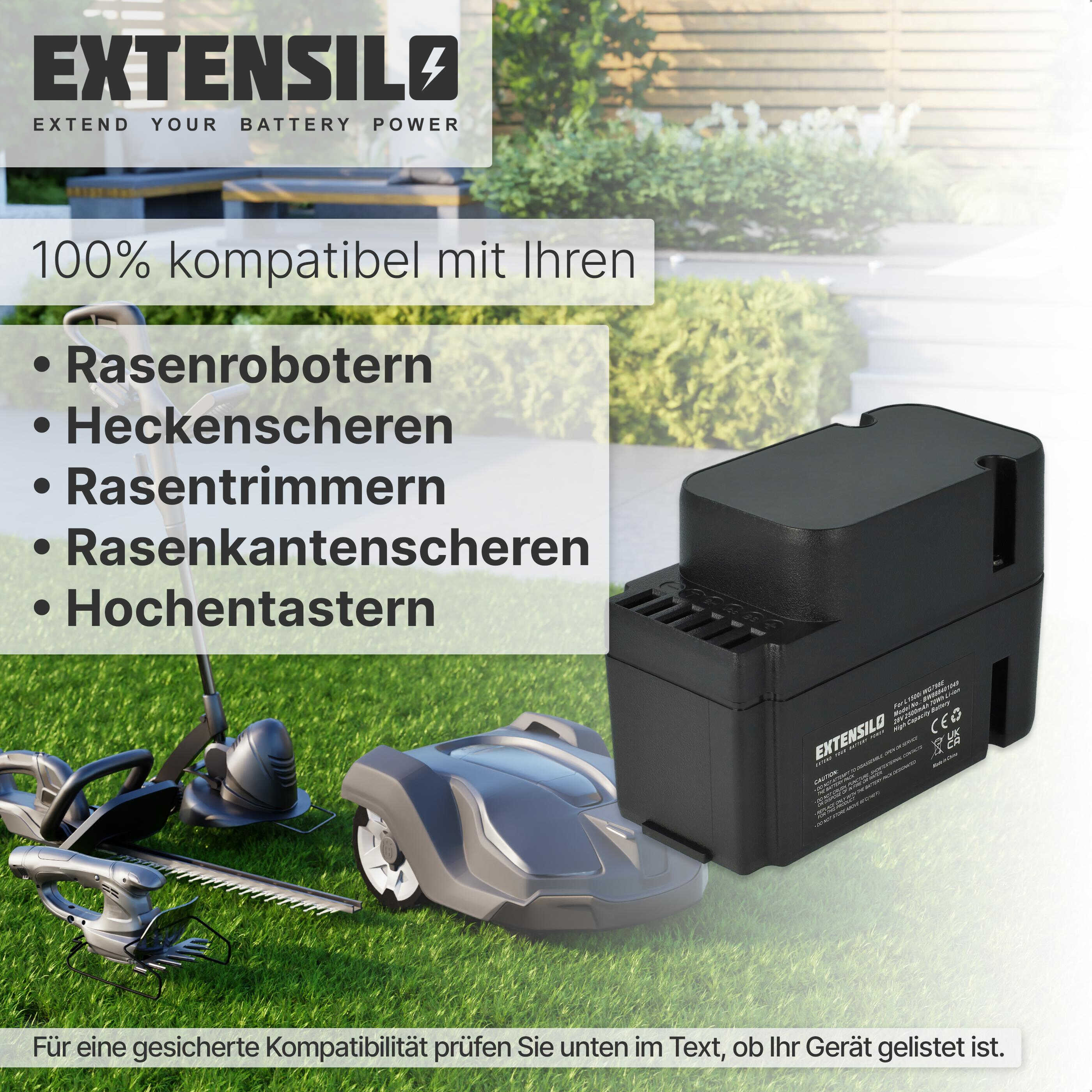 Batteria nera Extensilo davanti a tosaerba robot e attrezzi da giardino.