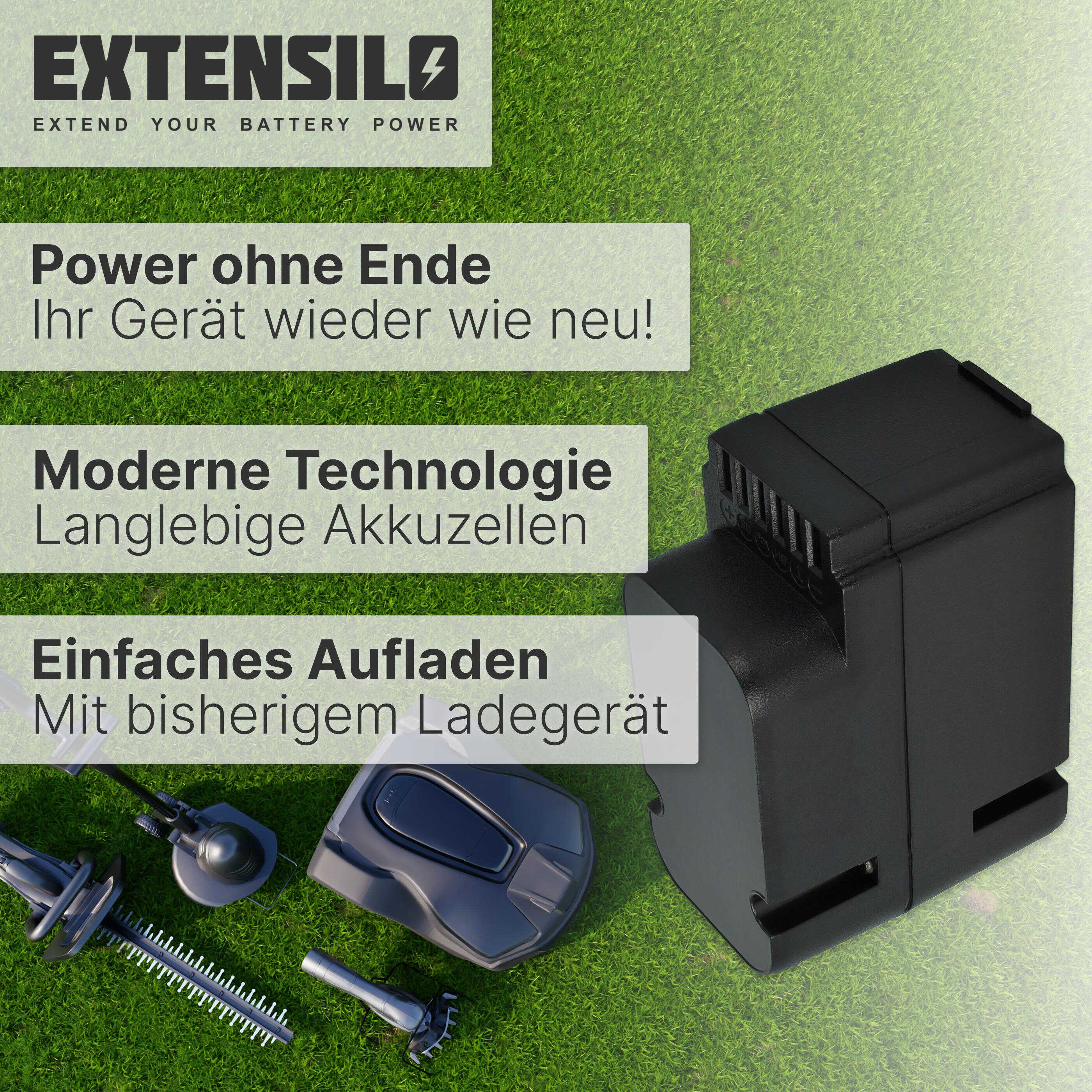 Una batteria nera Extensilo su erba verde con attrezzi da giardino e testo.