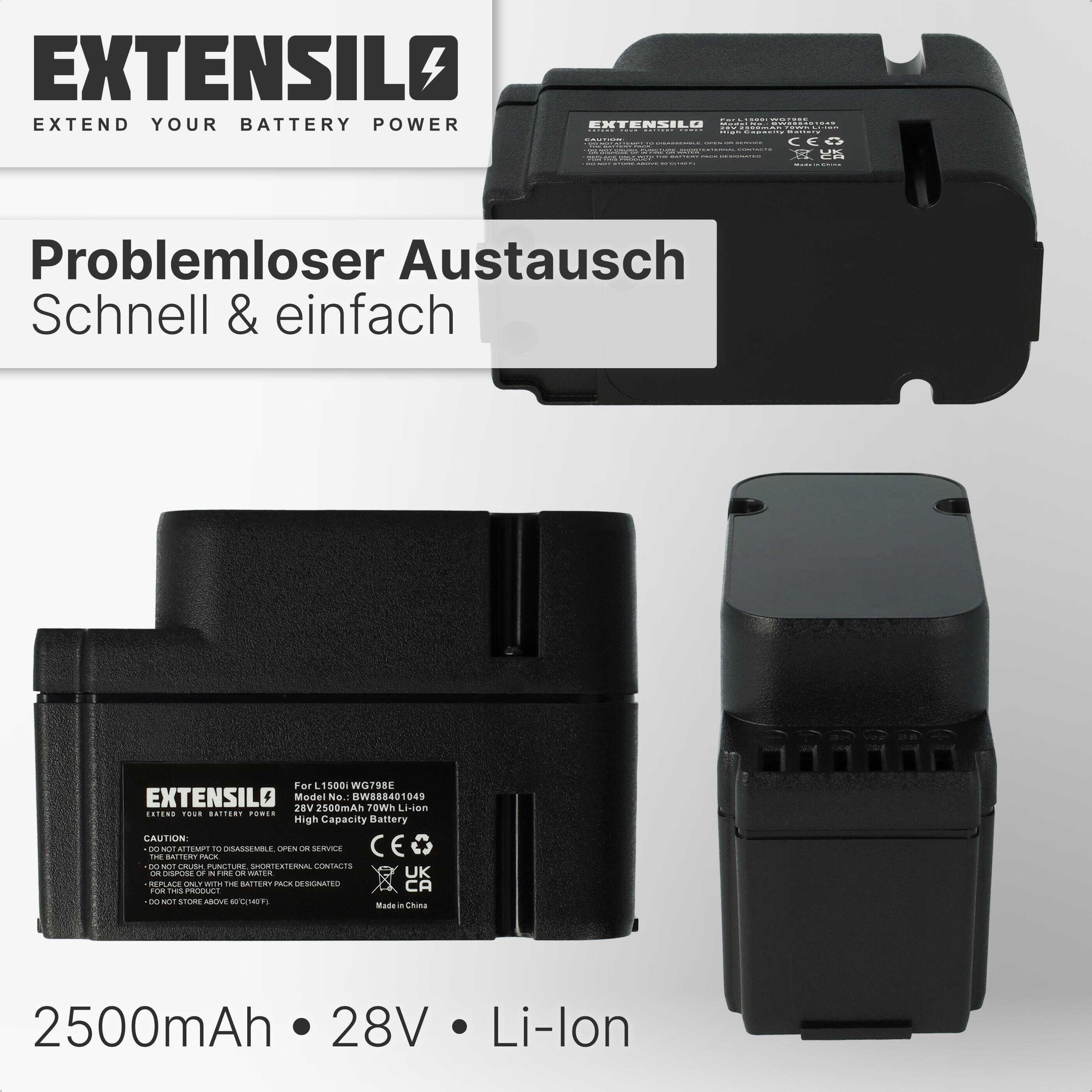 Tre viste di una batteria agli ioni di litio nera Extensilo con etichette.