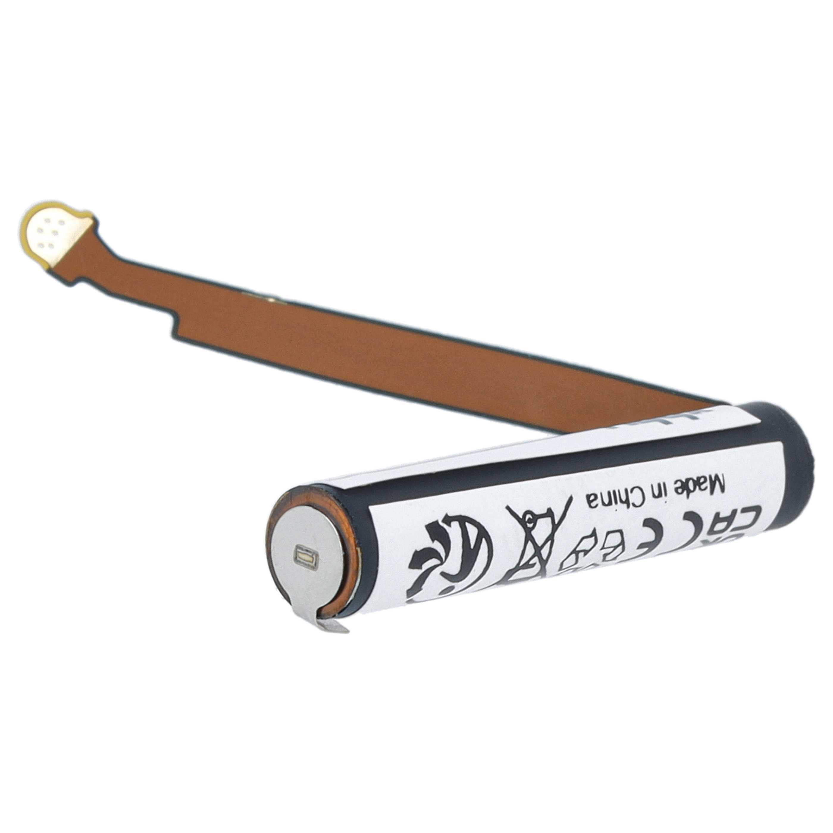 Zylindrische Batterie mit weißer Beschriftung und einem langen, braunen Flexkabel, isoliert auf weißem Hintergrund.