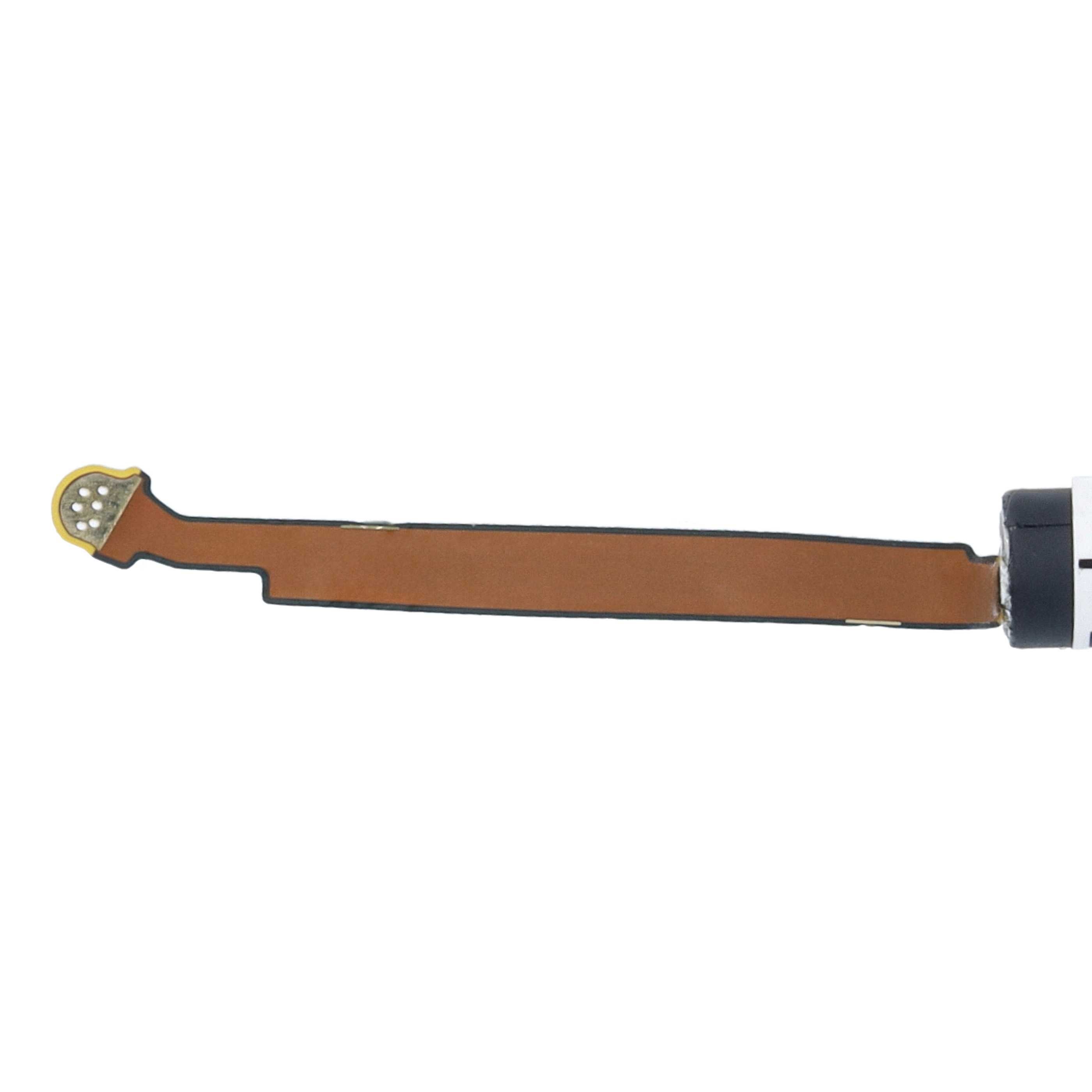 Ein braunes Flachbandkabel mit einem runden, goldenen Stecker an einem Ende und einem schwarzen Bauteil am anderen.