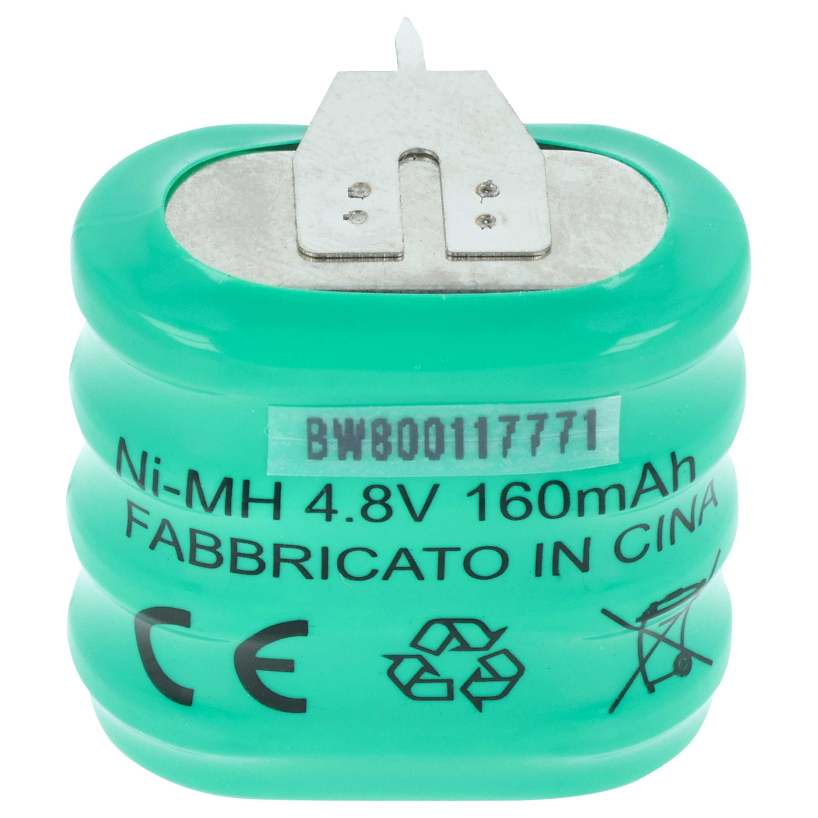 Grüner Ni-MH 4,8V 160mAh Akku mit Lötfahnen und gedruckten Symbolen auf weißem Hintergrund.