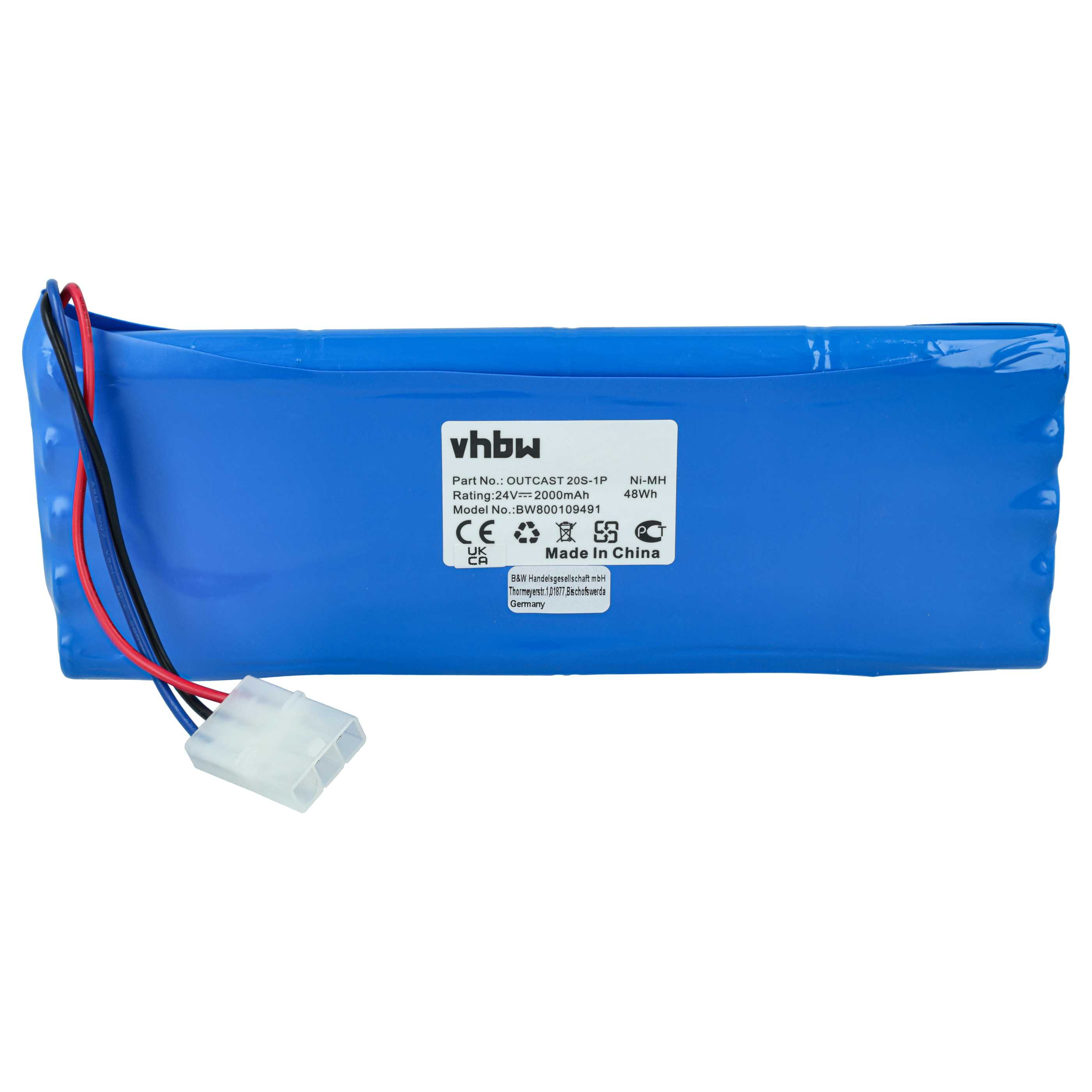 Blaue wiederaufladbare Ni-MH-Batterie mit weißem Etikett, roten und blauen Kabeln und weißem Stecker.