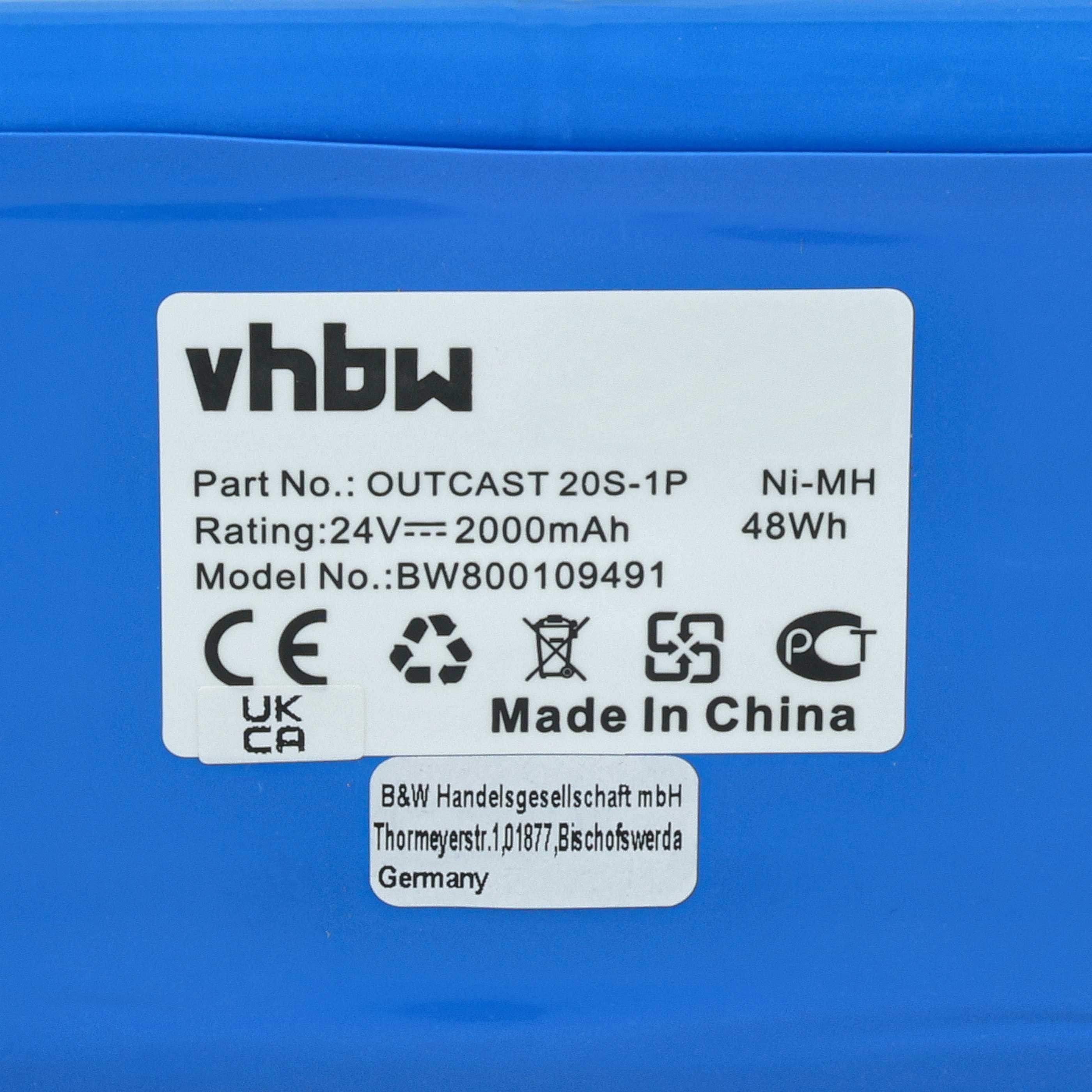 Ein weißes Etikett auf blauer Oberfläche mit vhbw-Logo, technischen Daten, Symbolen und Made in China.