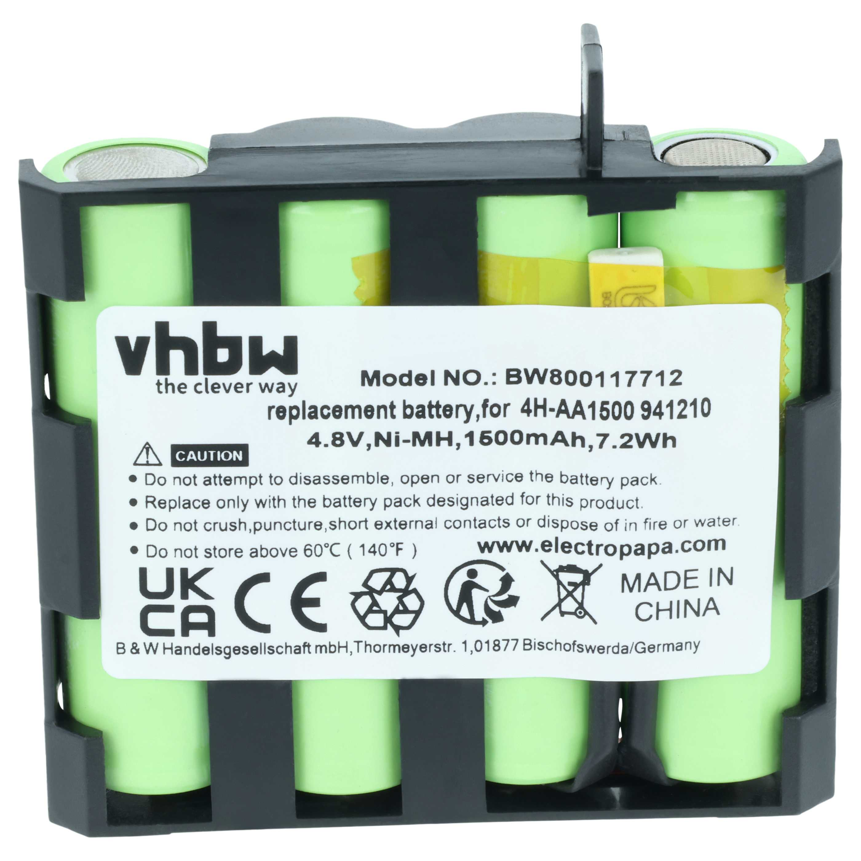 Grüner Ni-MH-Ersatzakku 4,8V 1500mAh in schwarzem Halter mit Warnetikett.